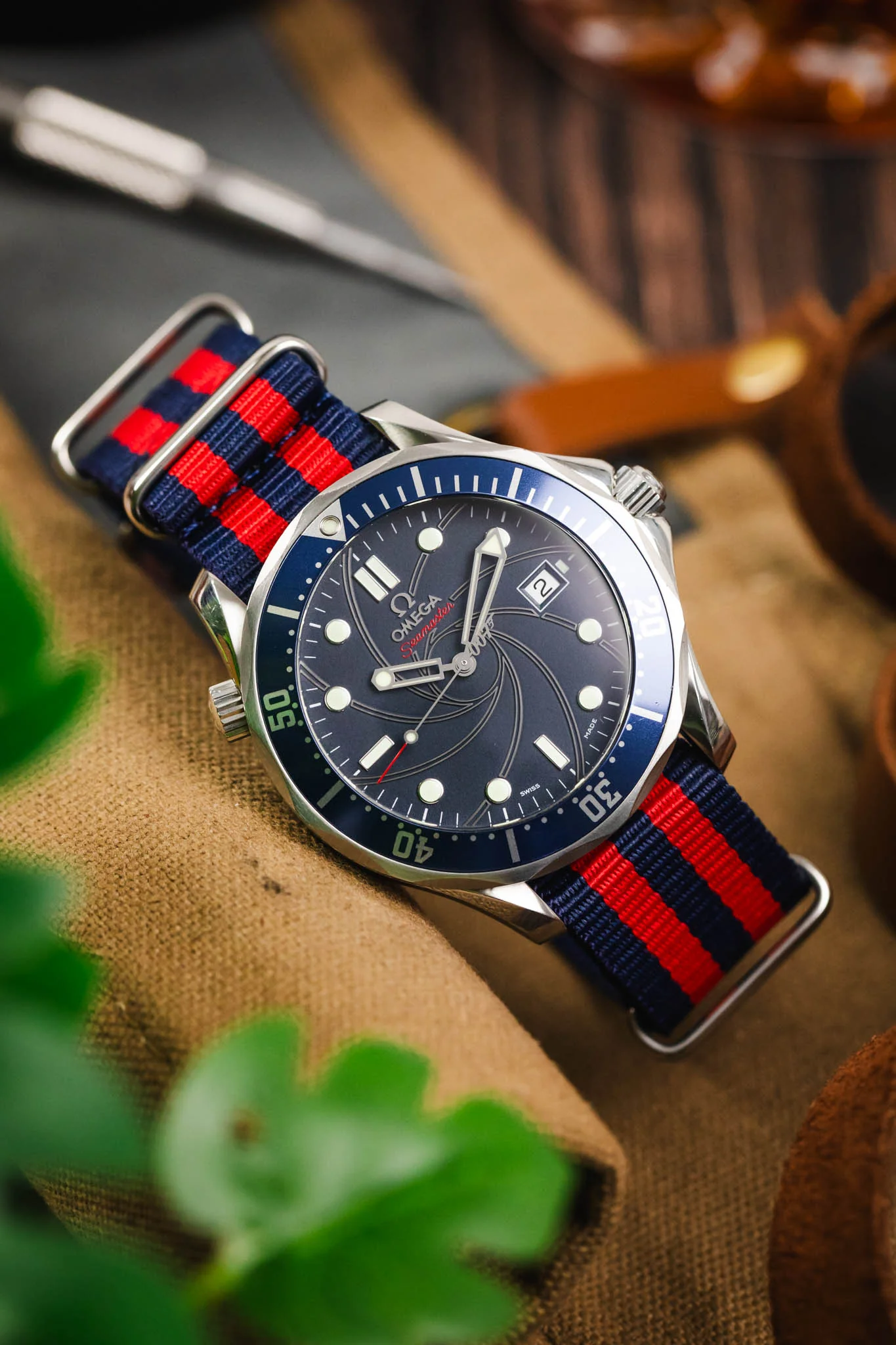 Nylon Watch Strap in BLUE / RED Stripes with Polished Buckle & Keepers - Image 4