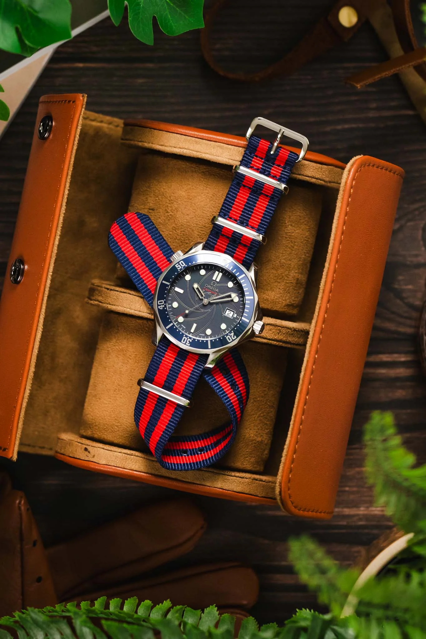 Nylon Watch Strap in BLUE / RED Stripes with Polished Buckle & Keepers - Image 6