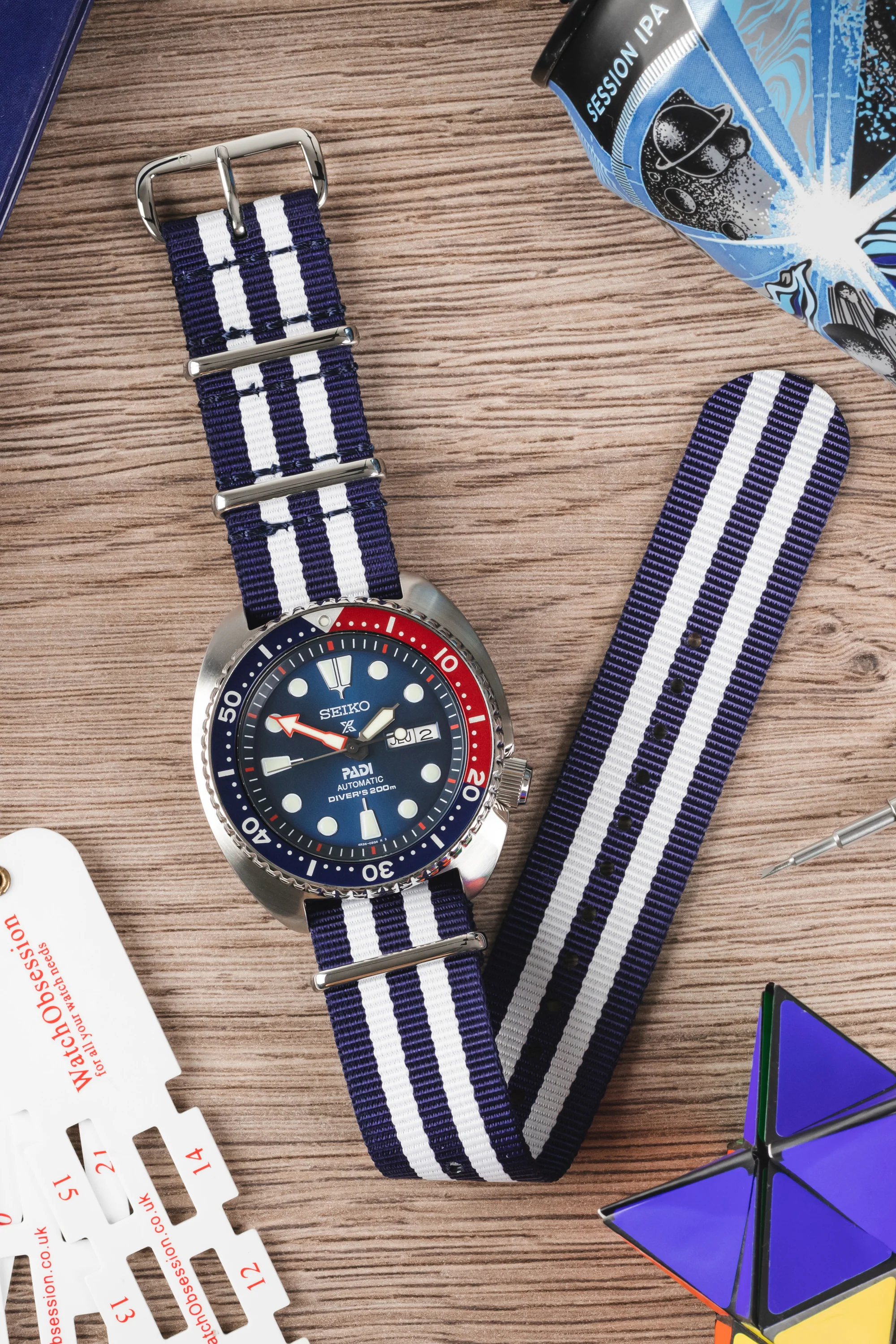 Nylon Watch Strap in BLUE with WHITE Stripes - Image 3