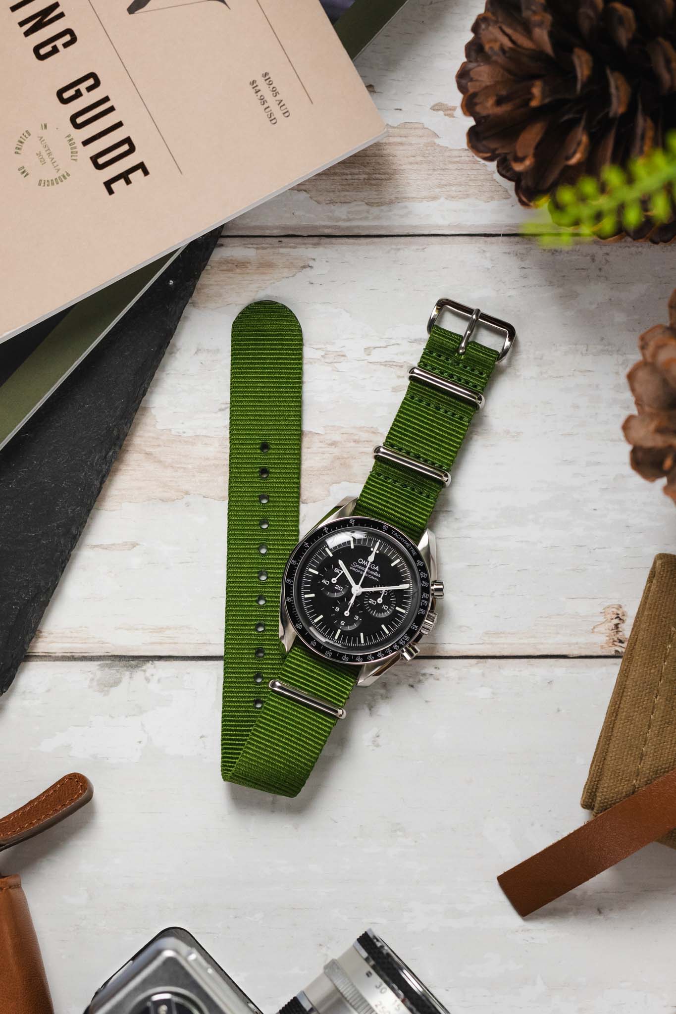 Nylon Watch Strap in GREEN with Polished Buckle and Keepers - Image 6