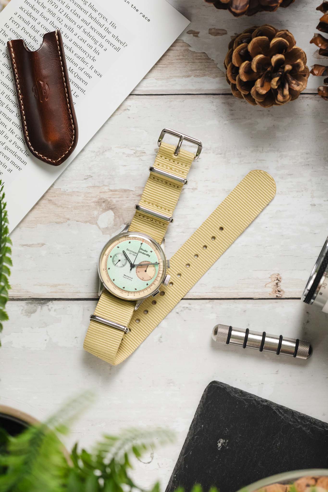 Nylon Watch Strap in BEIGE with Polished Buckle and Keepers - Image 7