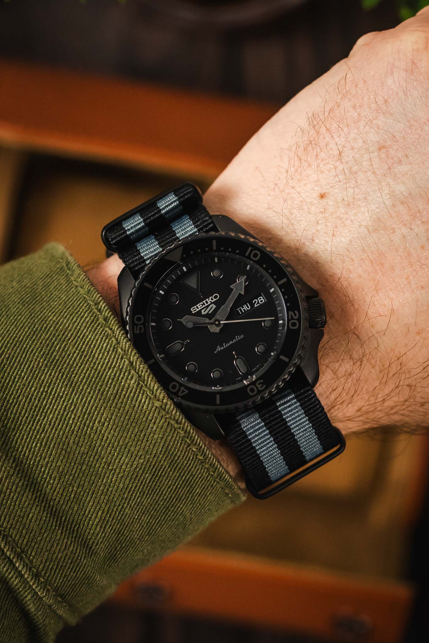 Nylon Watch Strap in BLACK / GREY Stripes with PVD Buckle & Keepers - Image 2
