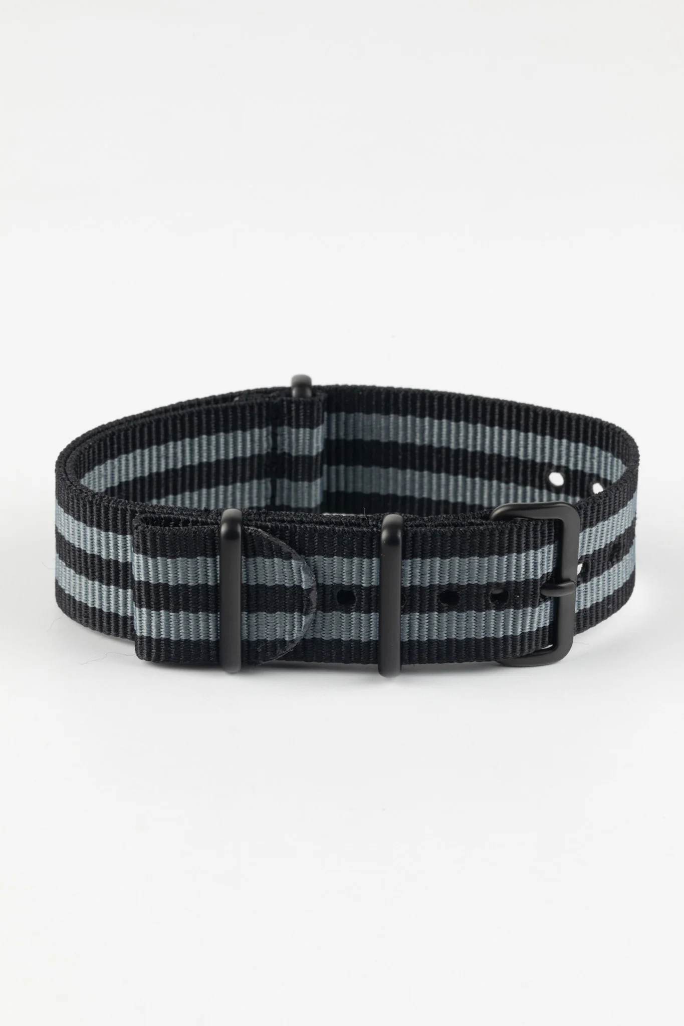 Nylon Watch Strap in BLACK / GREY Stripes with PVD Buckle & Keepers - Image 3