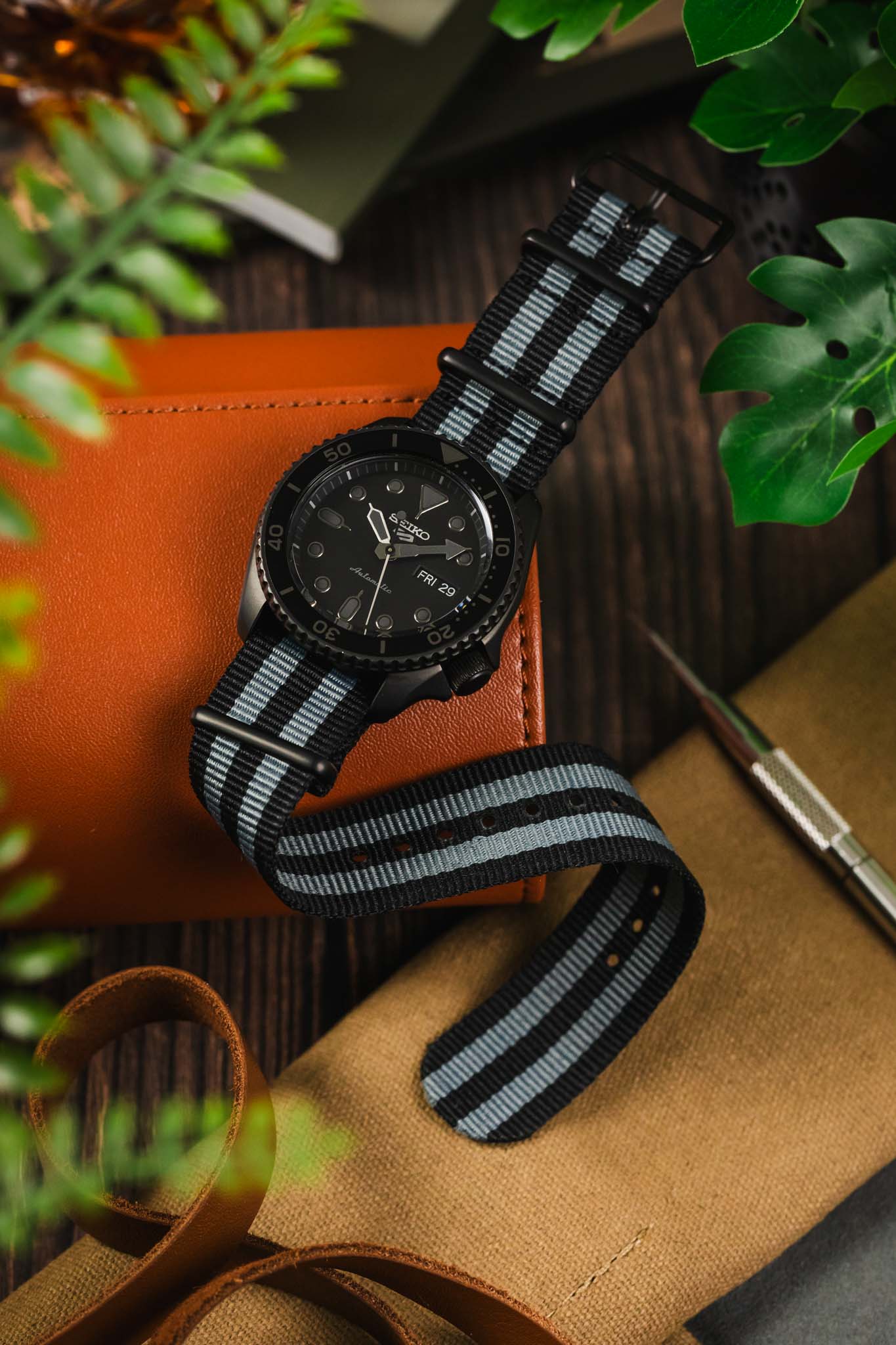 Nylon Watch Strap in BLACK / GREY Stripes with PVD Buckle & Keepers - Image 4