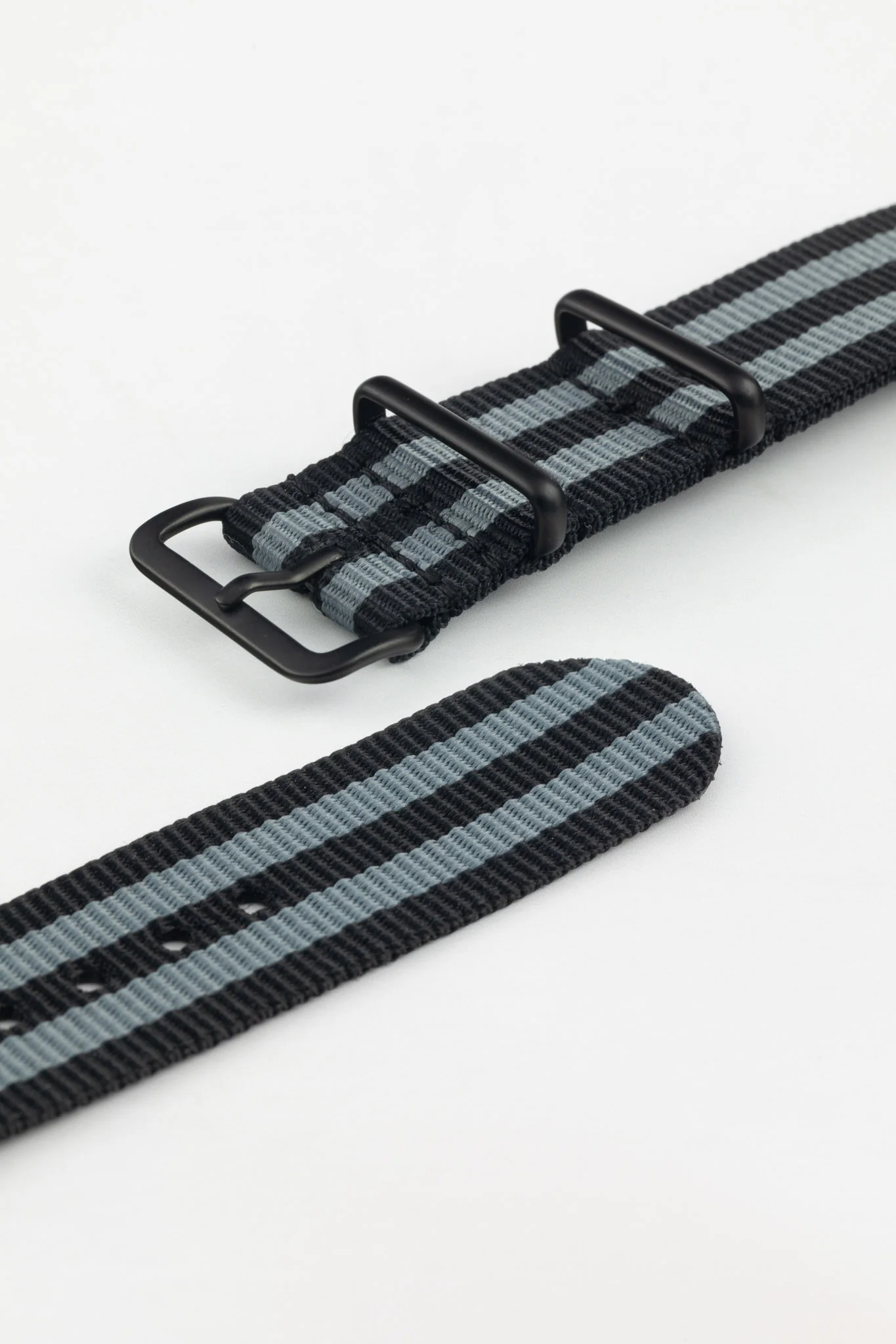 Nylon Watch Strap in BLACK / GREY Stripes with PVD Buckle & Keepers - Image 5