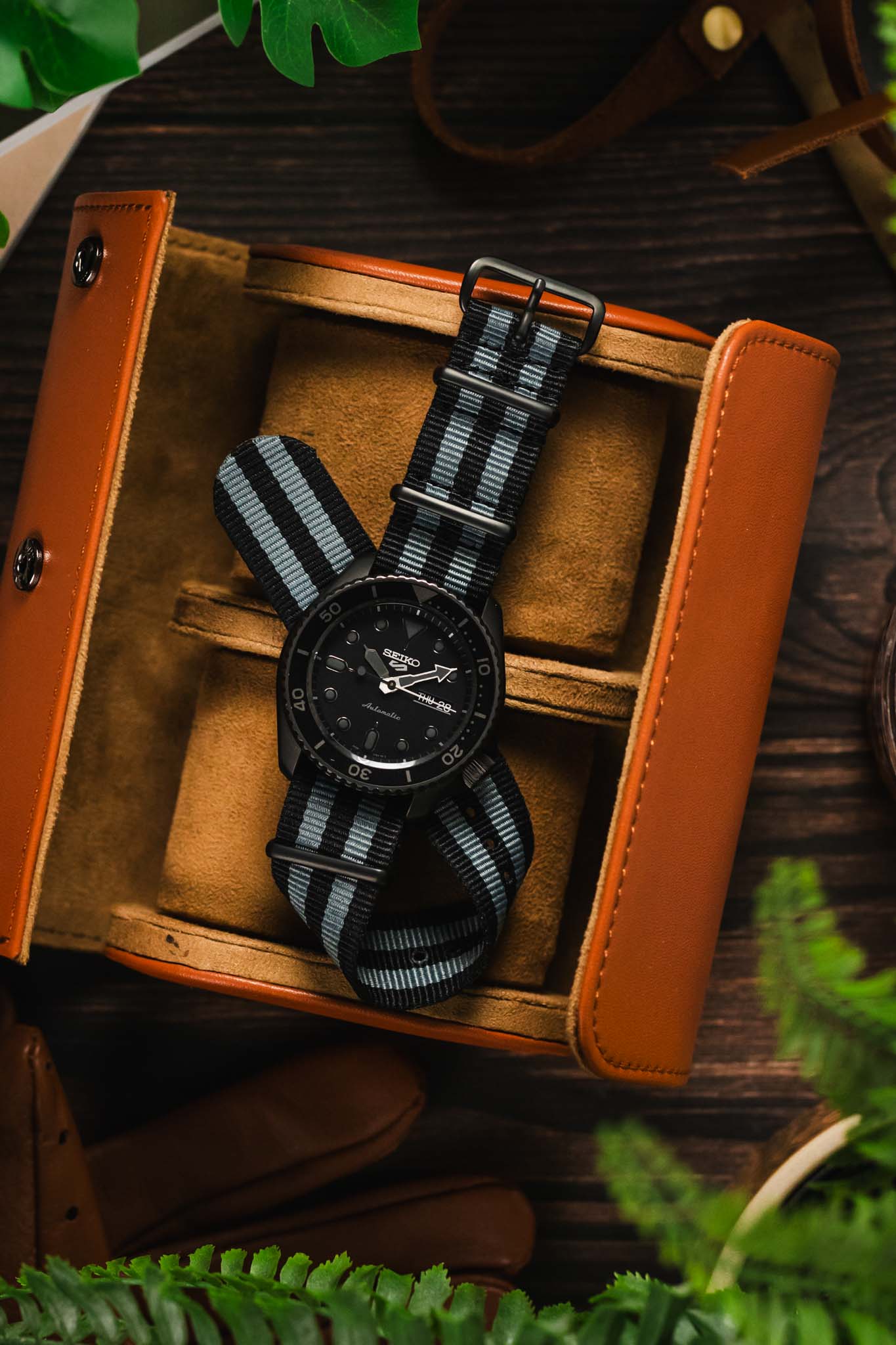 Nylon Watch Strap in BLACK / GREY Stripes with PVD Buckle & Keepers - Image 6