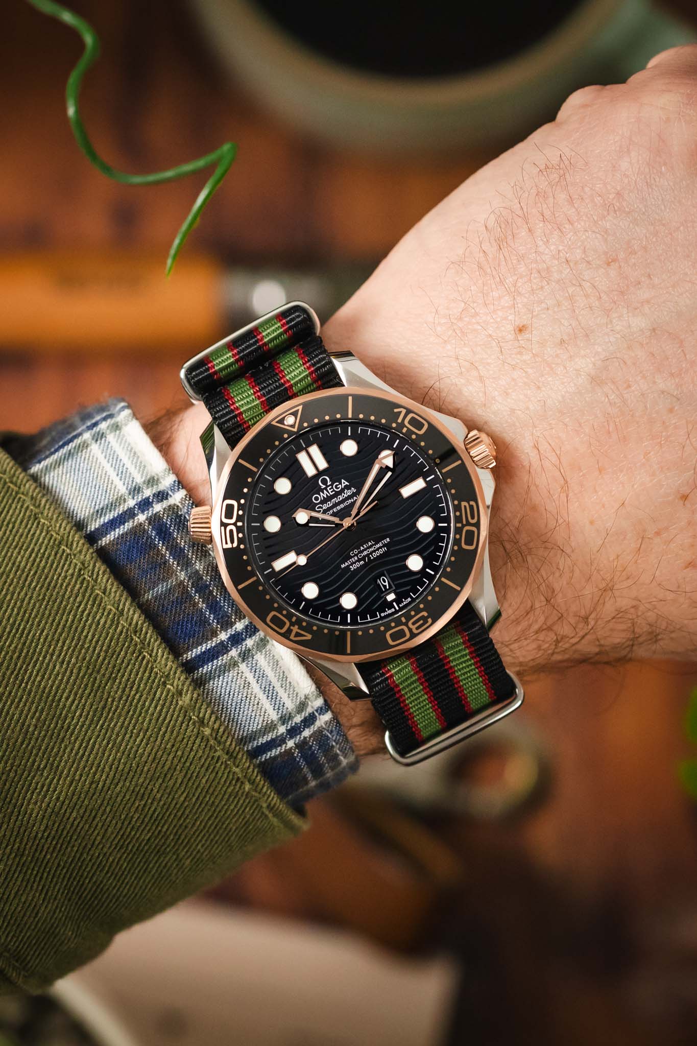 Nylon Watch Strap in BLACK/OLIVE/RED with Polished Buckle and Keepers - Image 2