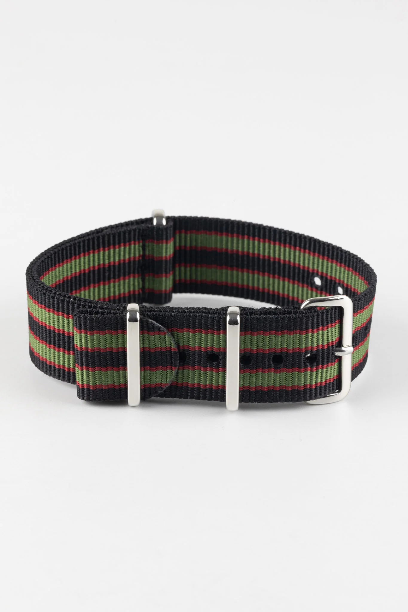 Nylon Watch Strap in BLACK/OLIVE/RED with Polished Buckle and Keepers - Image 3