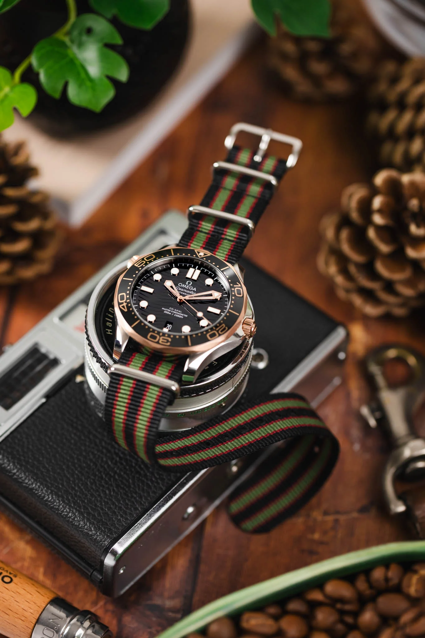 Nylon Watch Strap in BLACK/OLIVE/RED with Polished Buckle and Keepers - Image 4
