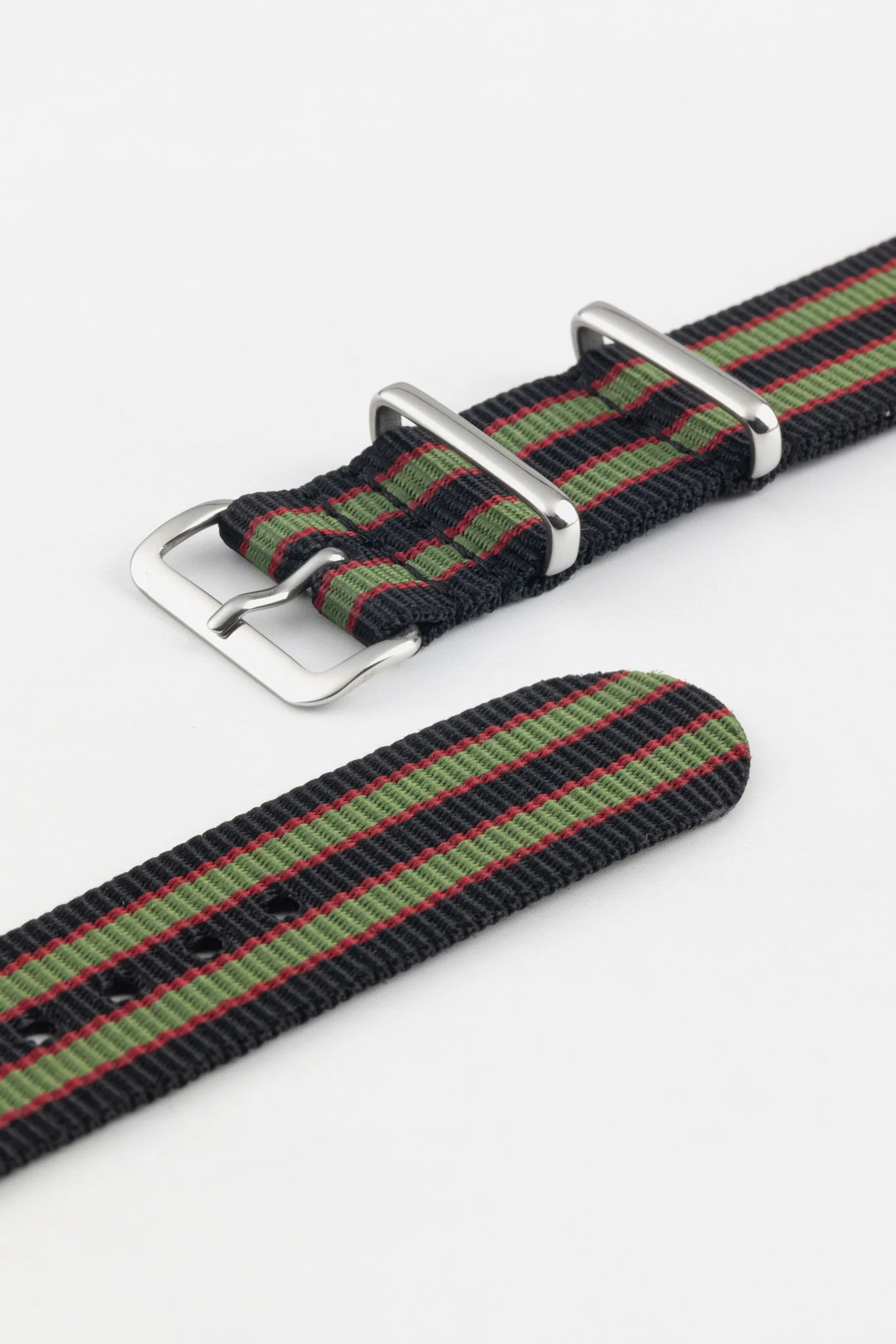 Nylon Watch Strap in BLACK/OLIVE/RED with Polished Buckle and Keepers - Image 5