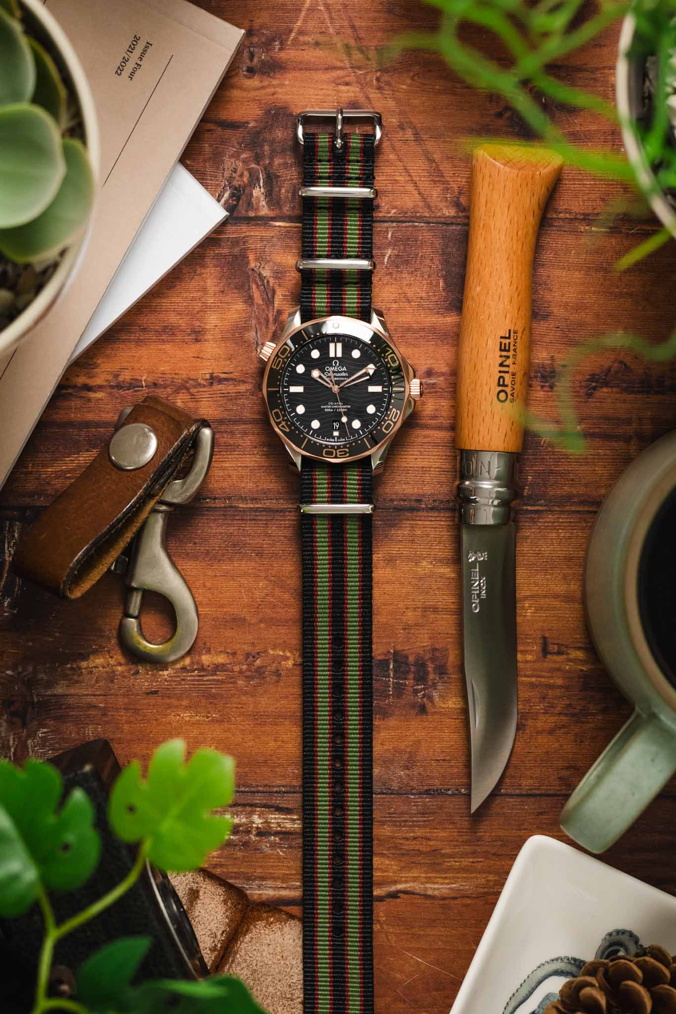 Nylon Watch Strap in BLACK/OLIVE/RED with Polished Buckle and Keepers - Image 6