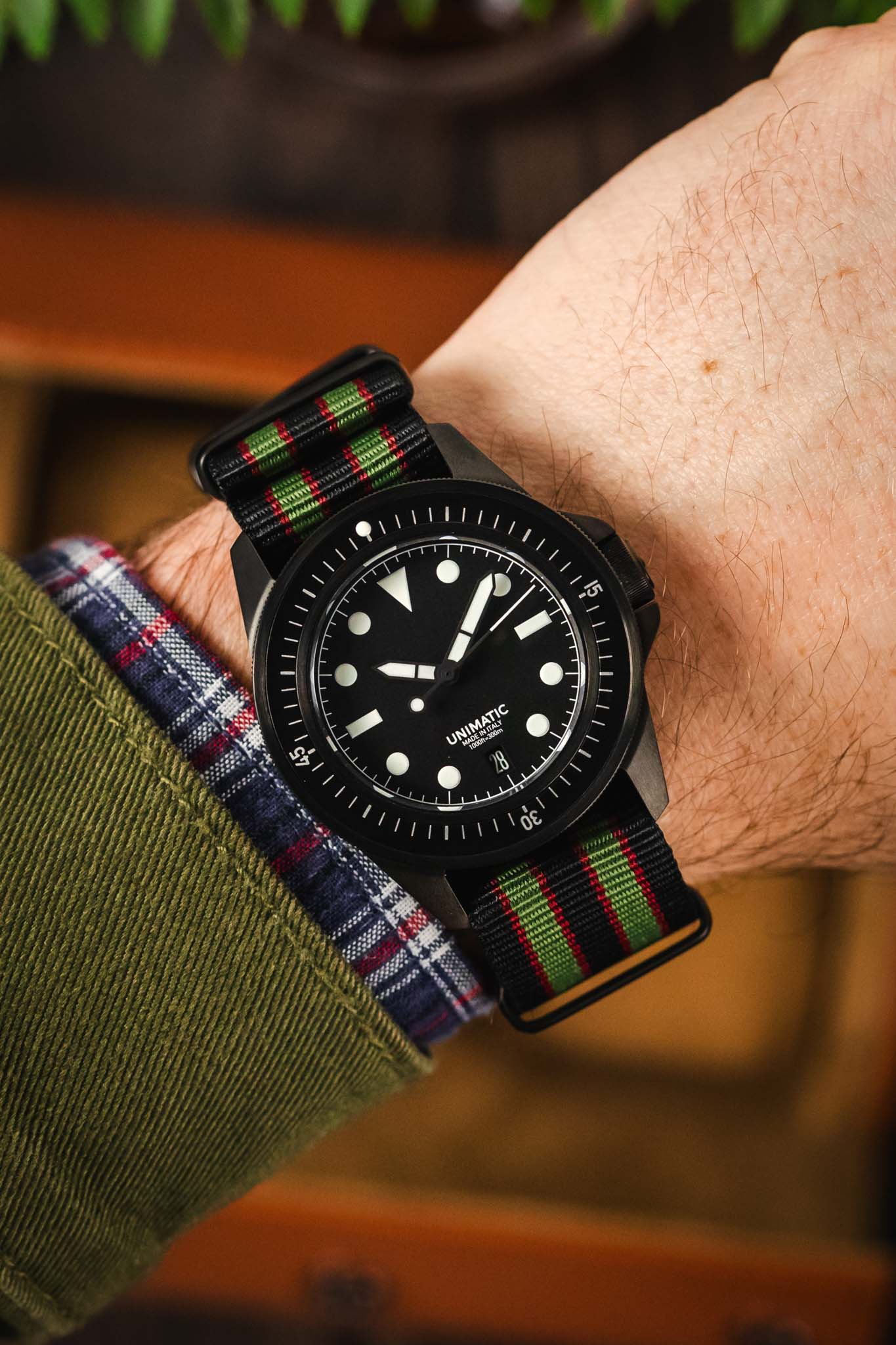 Nylon Watch Strap in BLACK/OLIVE/RED with PVD Buckle and Keepers - Image 2