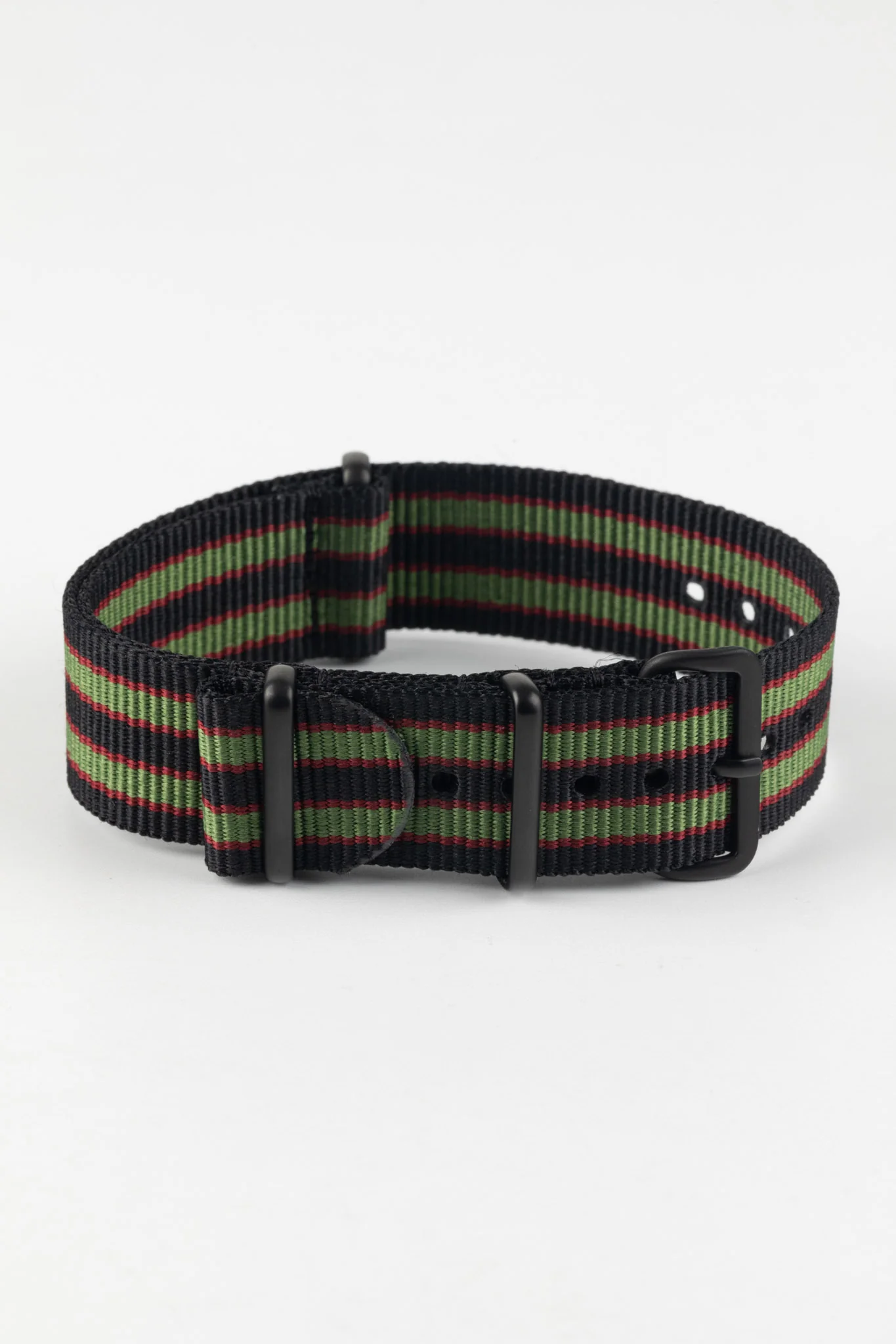 Nylon Watch Strap in BLACK/OLIVE/RED with PVD Buckle and Keepers - Image 3