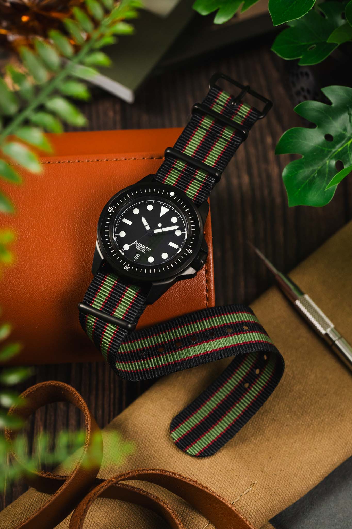 Nylon Watch Strap in BLACK/OLIVE/RED with PVD Buckle and Keepers - Image 4