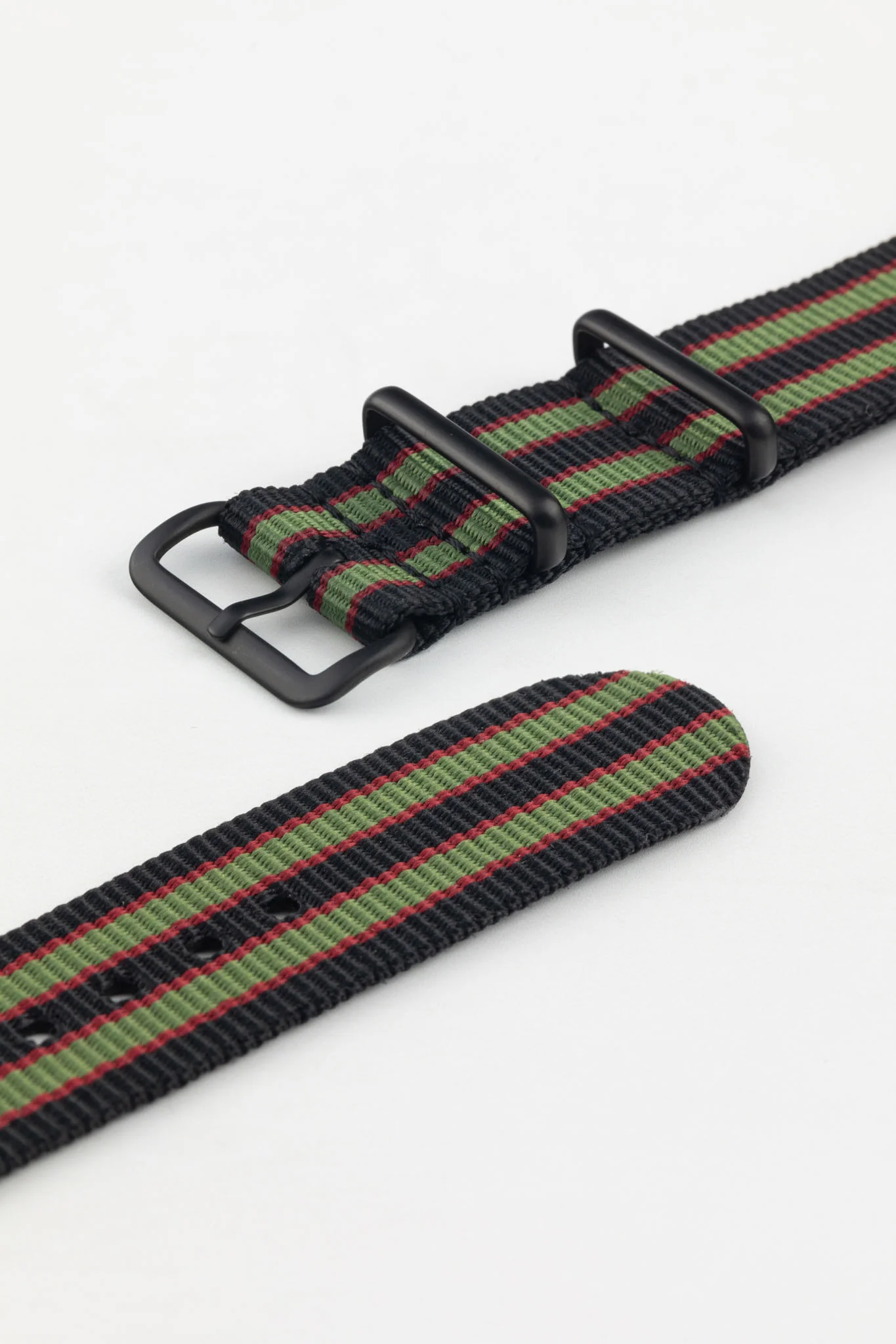 Nylon Watch Strap in BLACK/OLIVE/RED with PVD Buckle and Keepers - Image 5