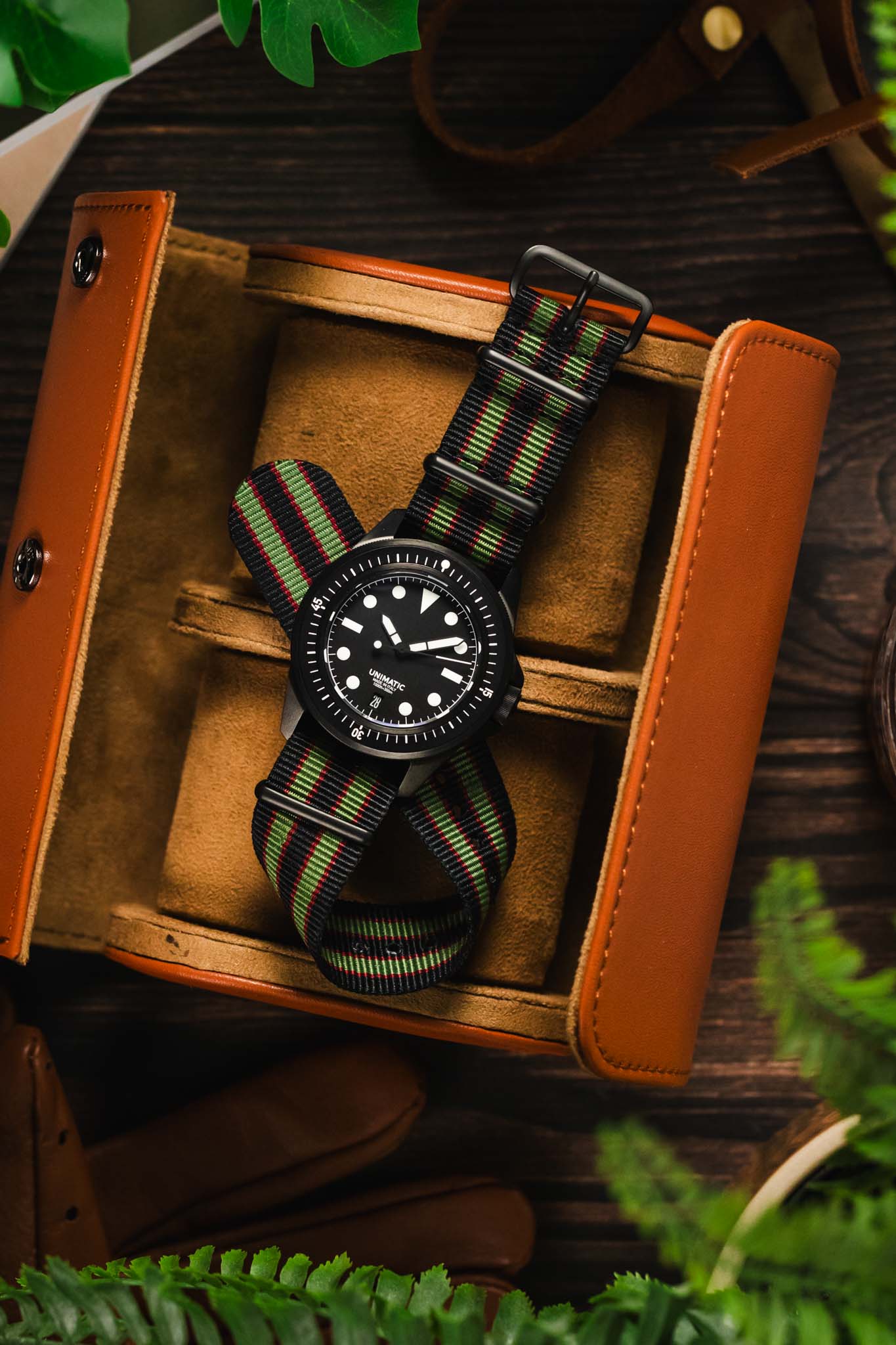 Nylon Watch Strap in BLACK/OLIVE/RED with PVD Buckle and Keepers - Image 6