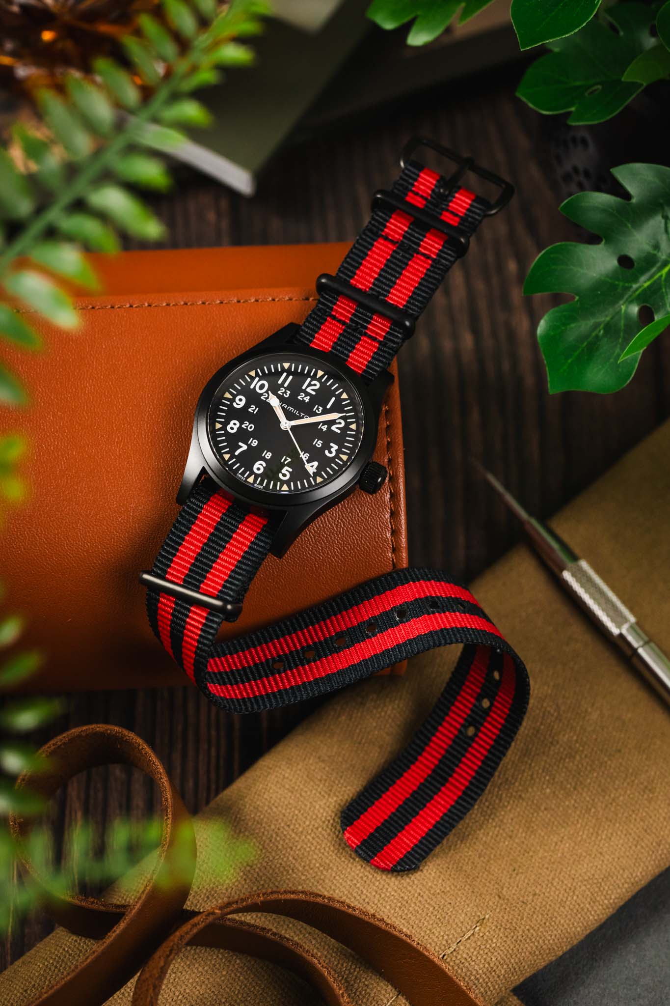 Nylon Watch Strap in BLACK / RED Stripes with PVD Buckle & Keepers - Image 4