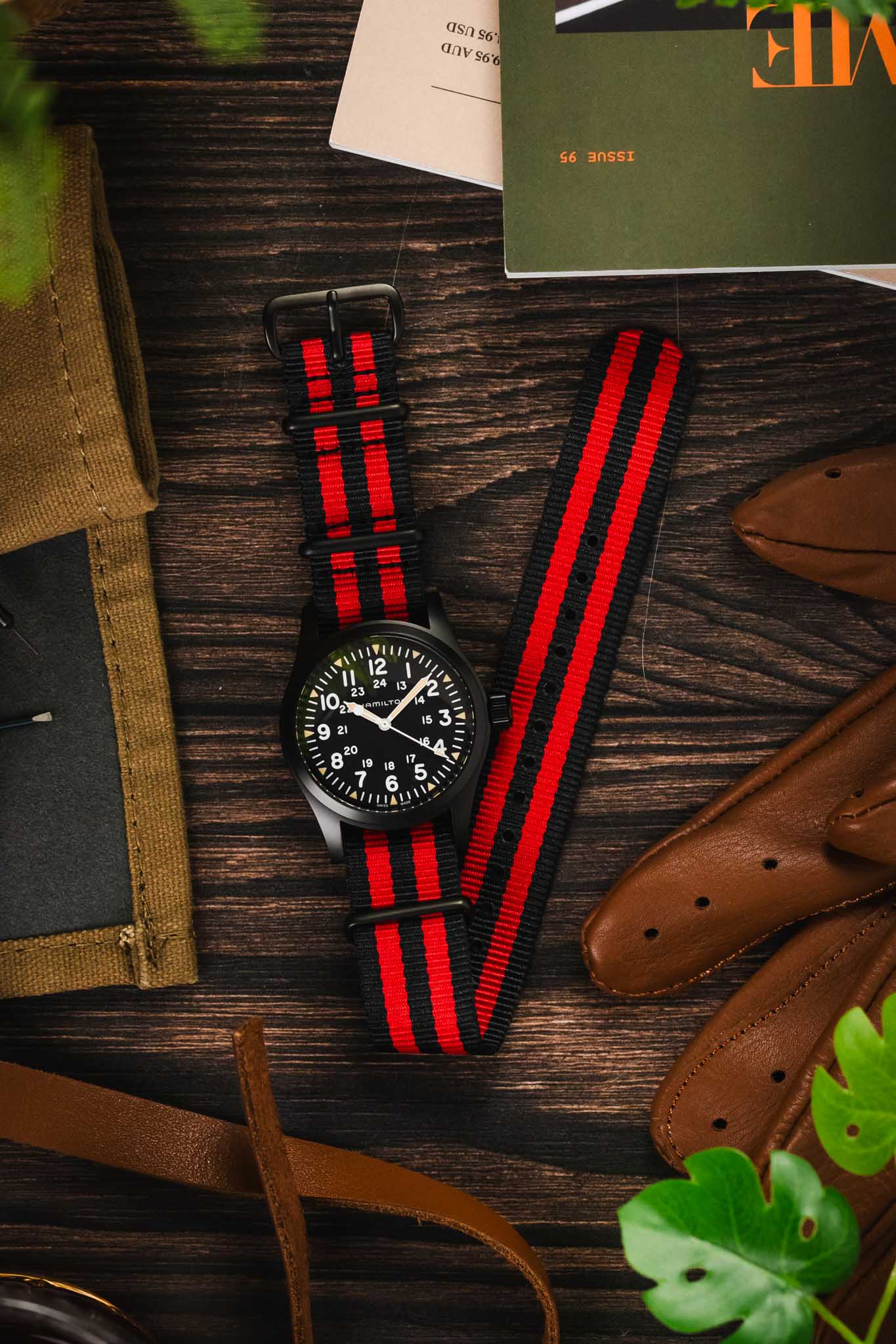 Nylon Watch Strap in BLACK / RED Stripes with PVD Buckle & Keepers - Image 6