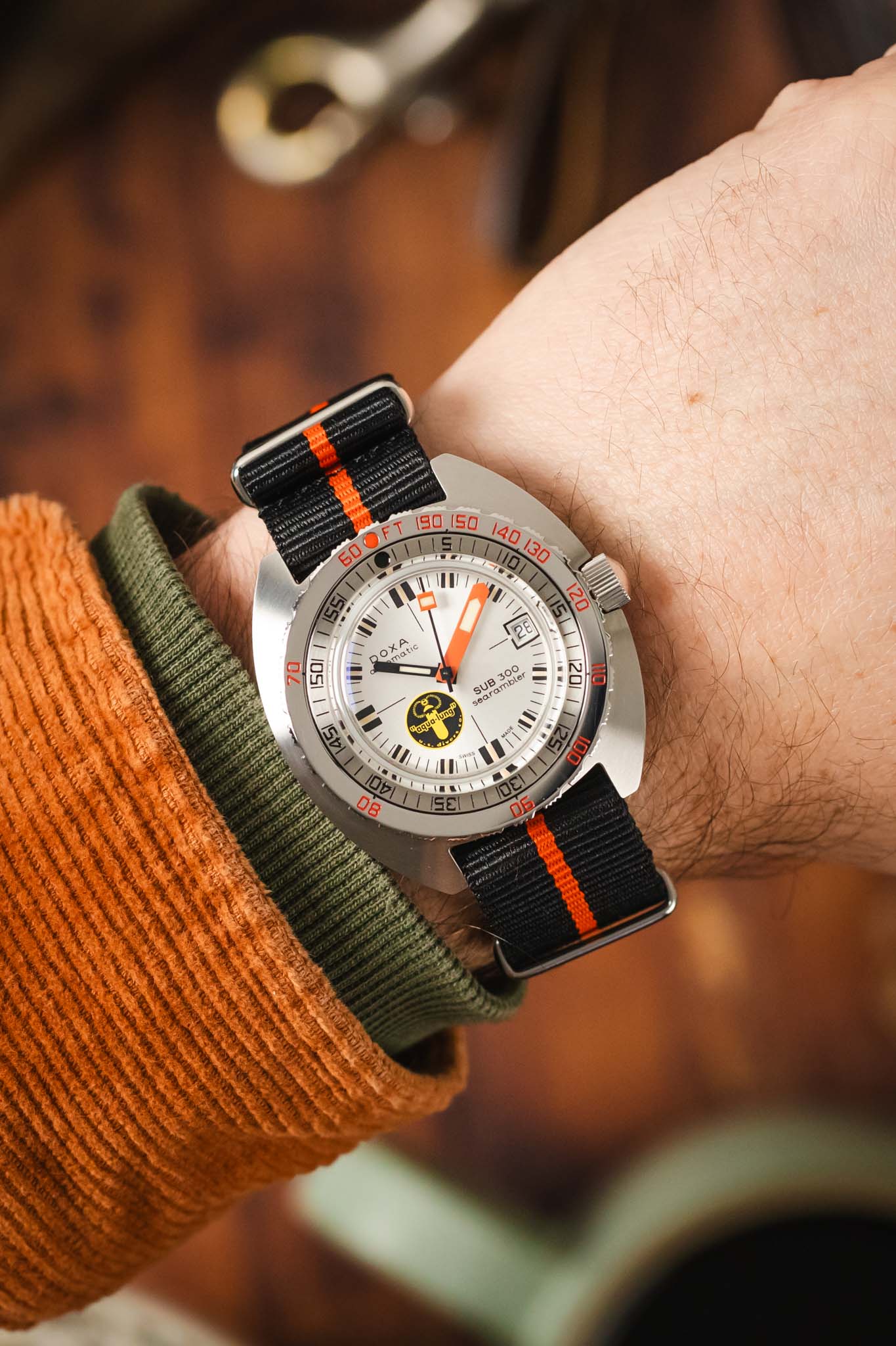 Nylon Watch Strap in BLACK with Single ORANGE Stripe - Image 2