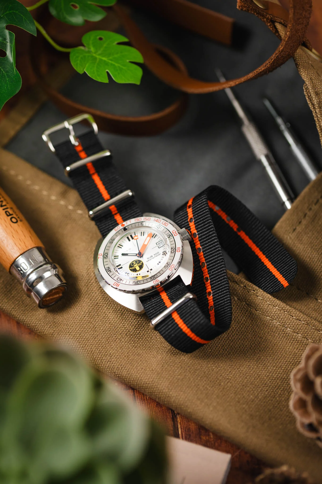 Nylon Watch Strap in BLACK with Single ORANGE Stripe - Image 4