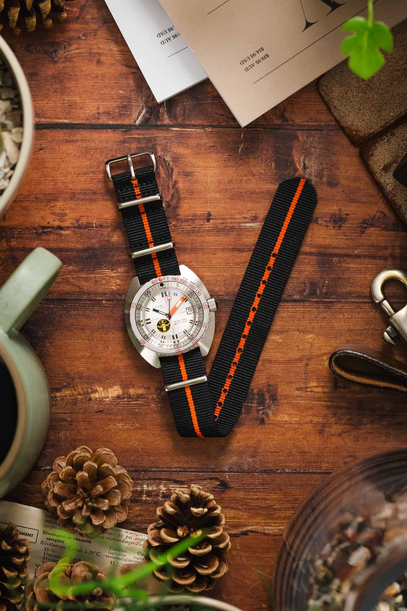 Nylon Watch Strap in BLACK with Single ORANGE Stripe - Image 6