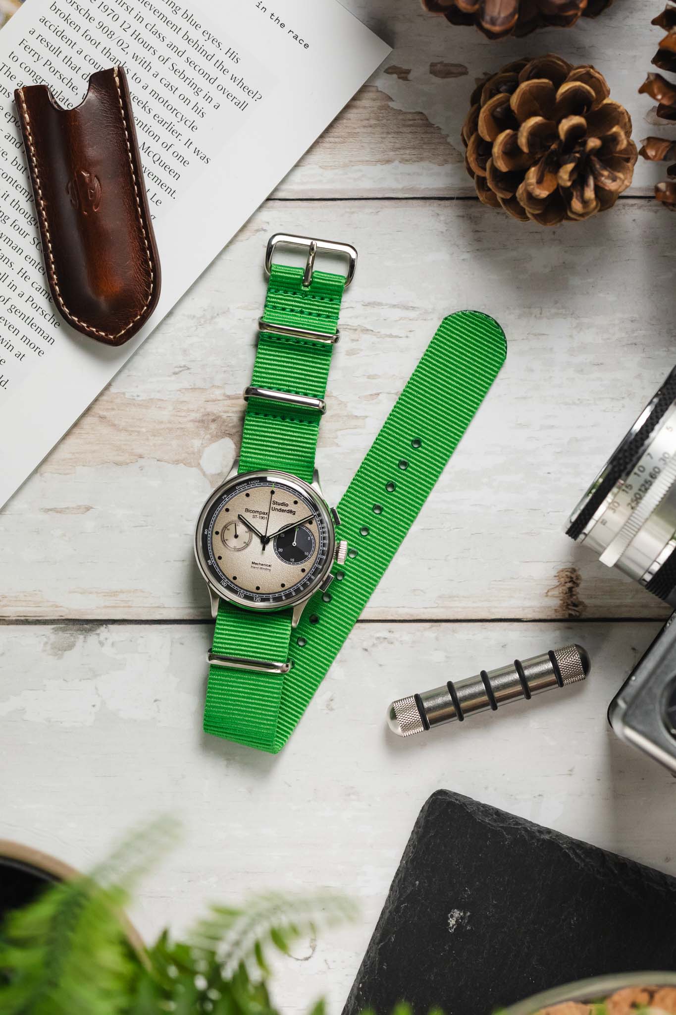 Nylon Watch Strap in BRIGHT GREEN with Polished Buckle and Keepers - Image 6