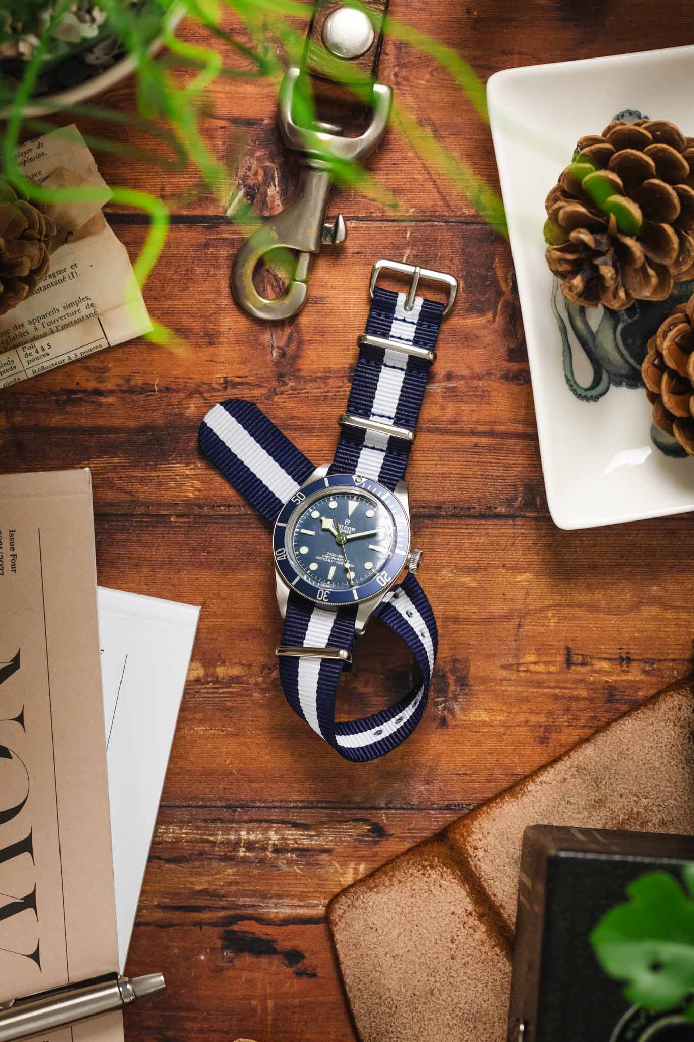 Nylon Watch Strap in DARK BLUE with WHITE Stripe - Image 6