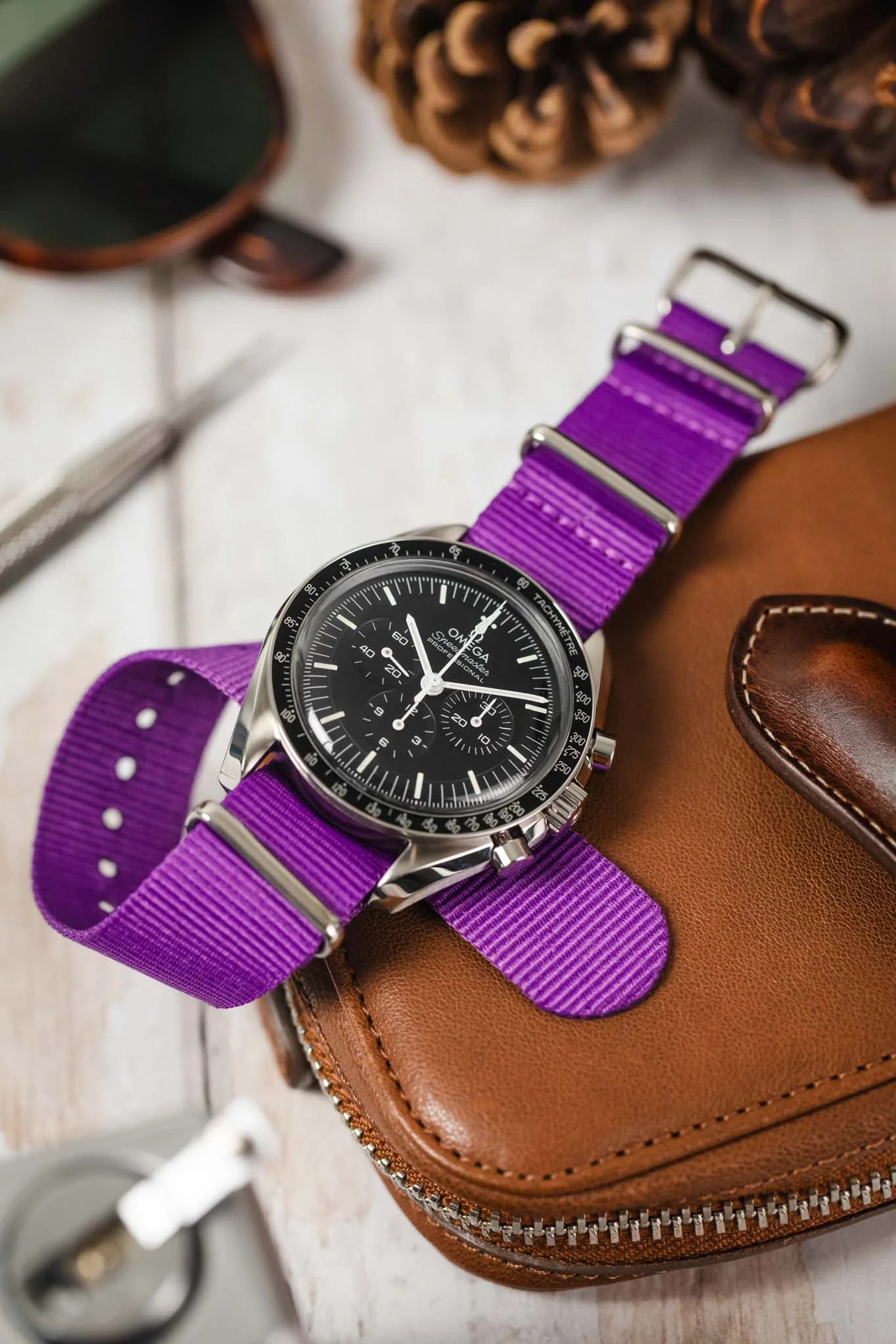 Nylon Watch Strap in PURPLE with Polished Buckle and Keepers - Image 4