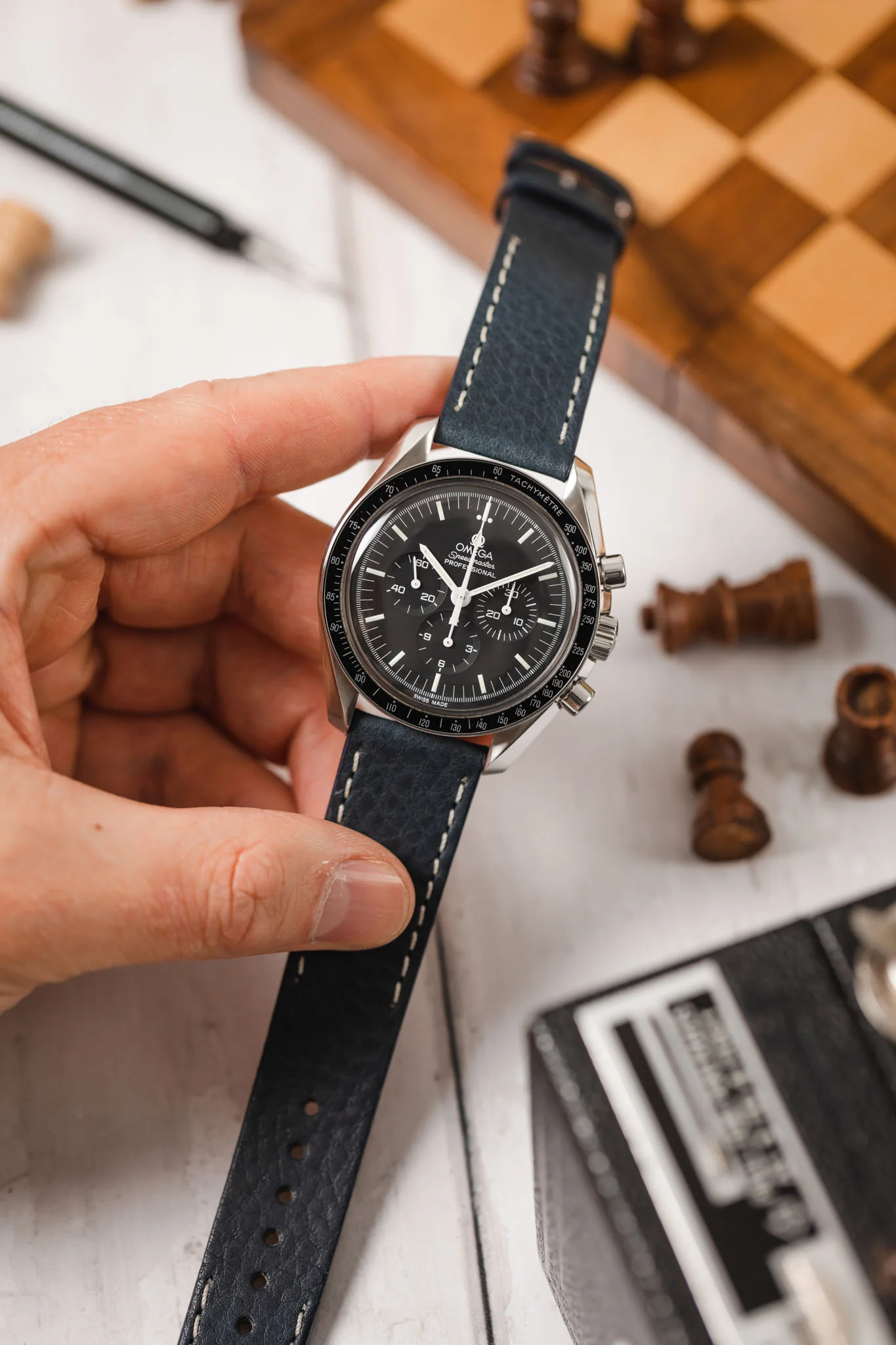 Pebro HALF-STITCH Calfskin Leather Watch Strap in NAVY BLUE - Image 4