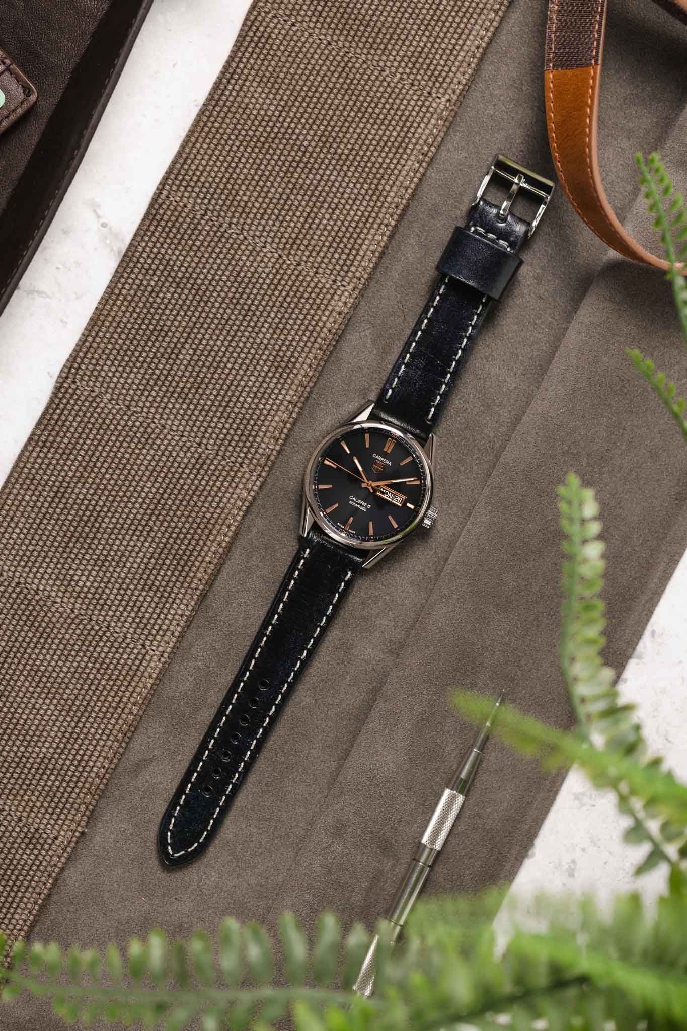 Pebro HISTORIC Hand-Finished Leather Watch Strap in BLACK - Image 7