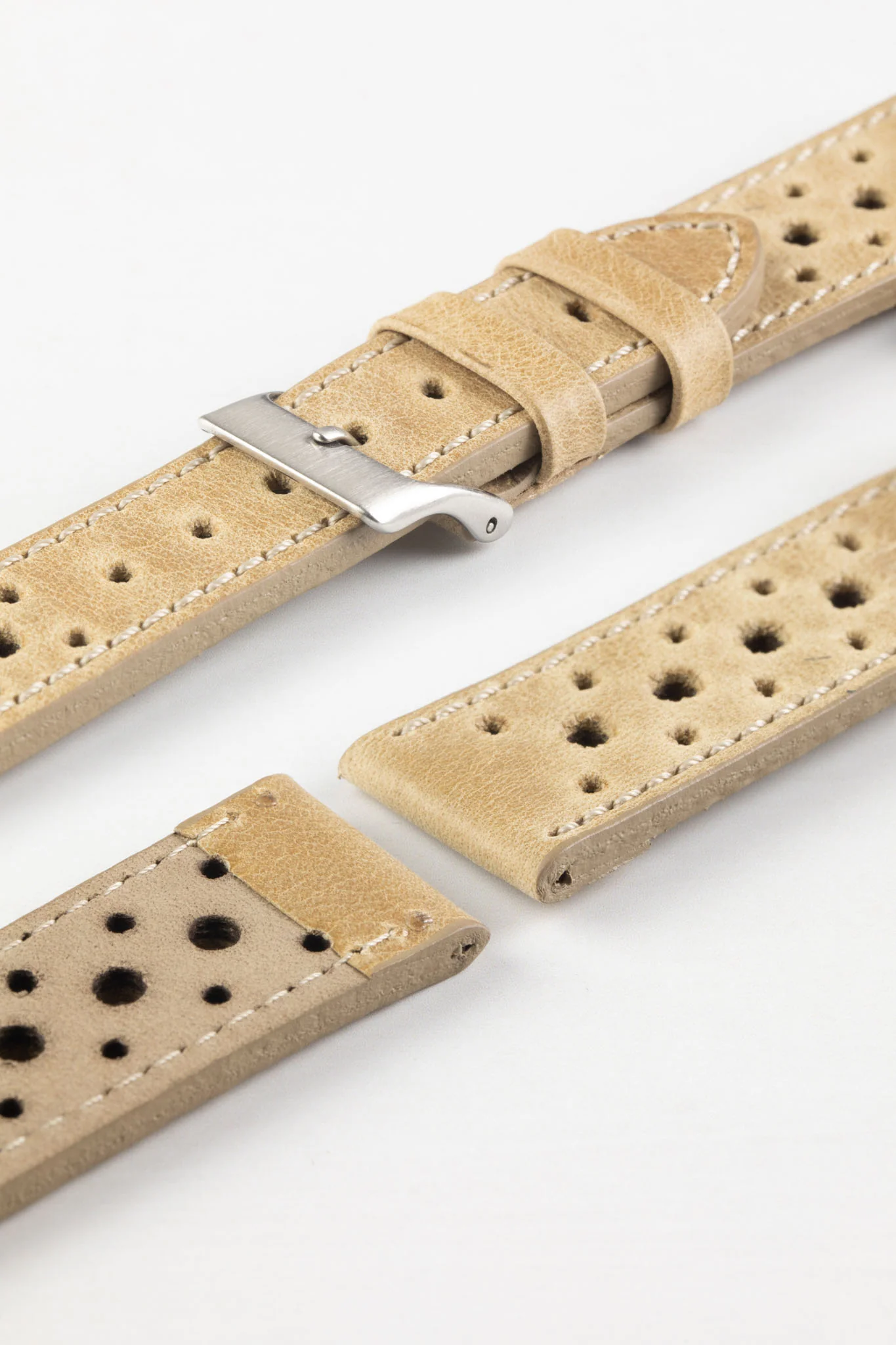 Pebro RACING Perforated Leather Watch Strap in LIGHT SAND - Image 4