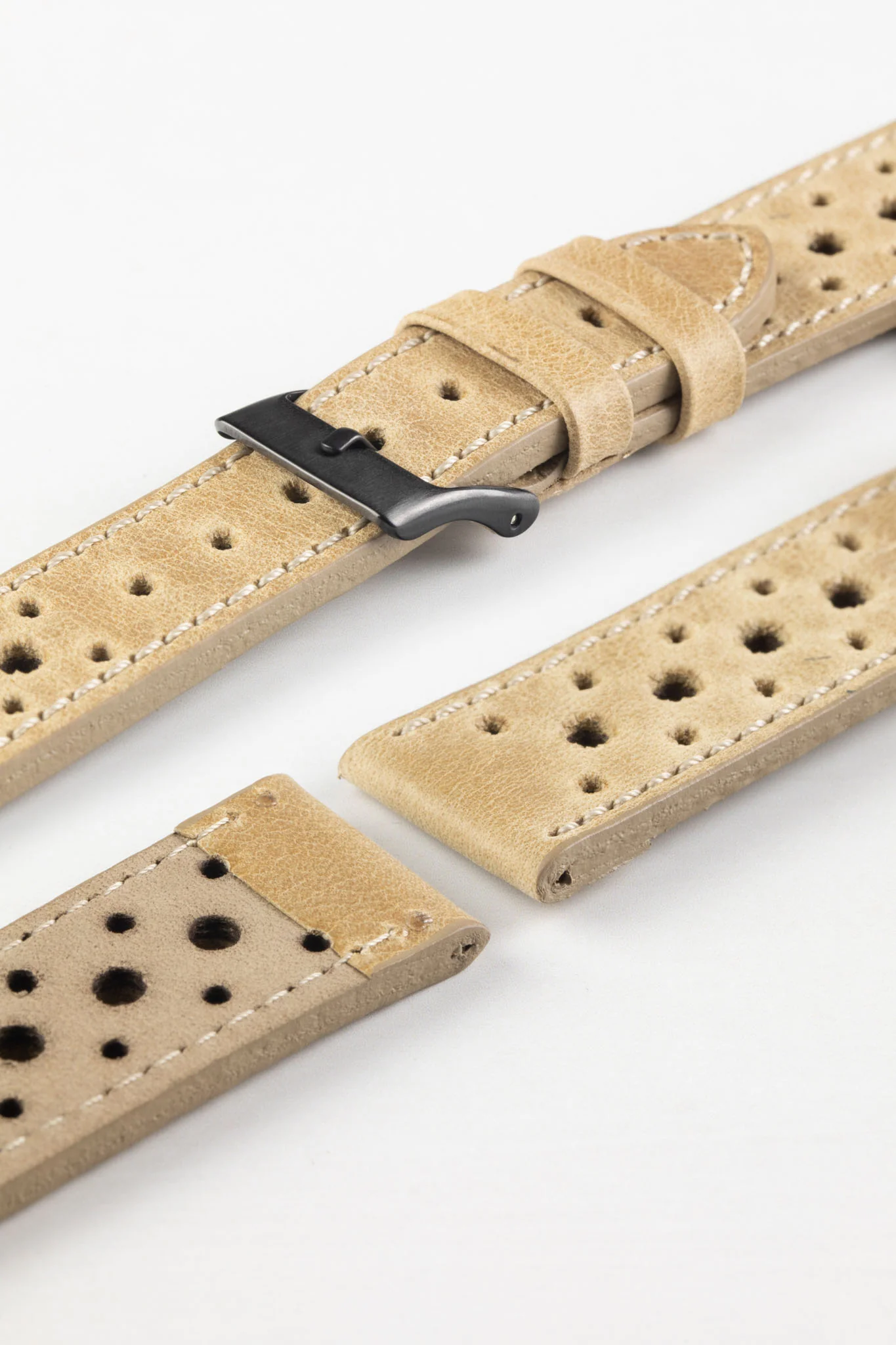 Pebro RACING Perforated Leather Watch Strap in LIGHT SAND - Image 6