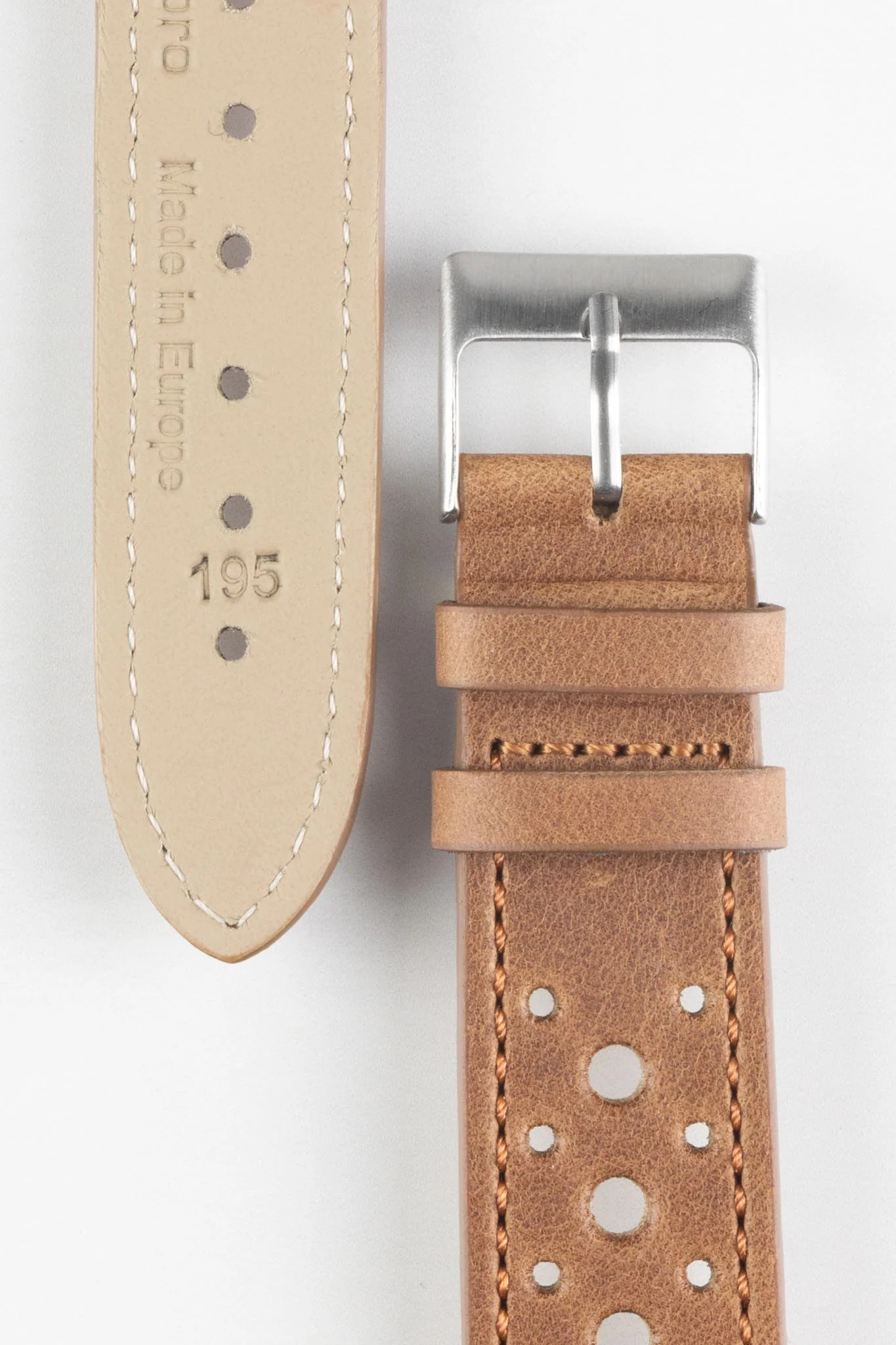 Pebro RACING Perforated Leather Watch Strap in MID BROWN - Image 2