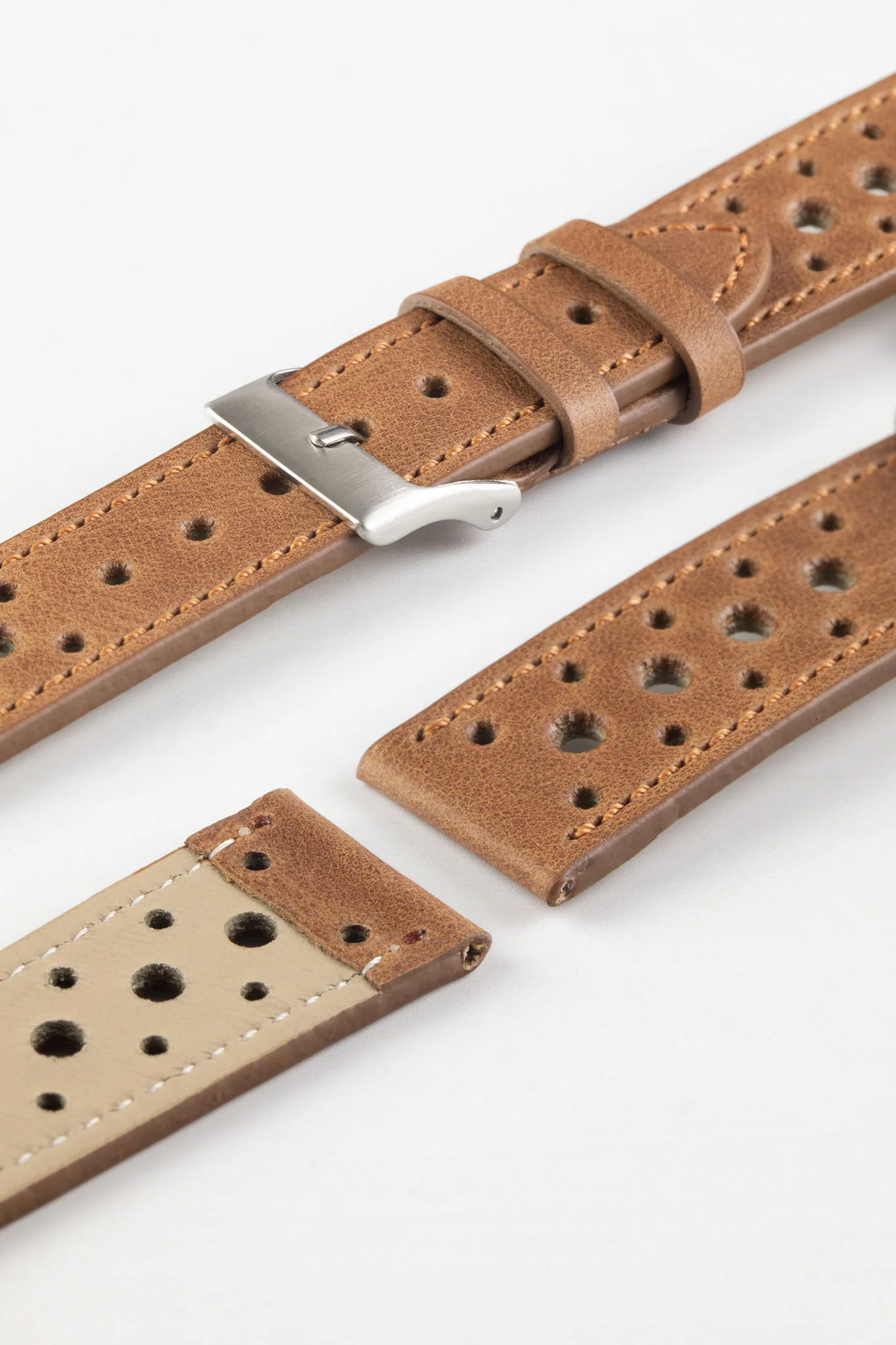 Pebro RACING Perforated Leather Watch Strap in MID BROWN - Image 4