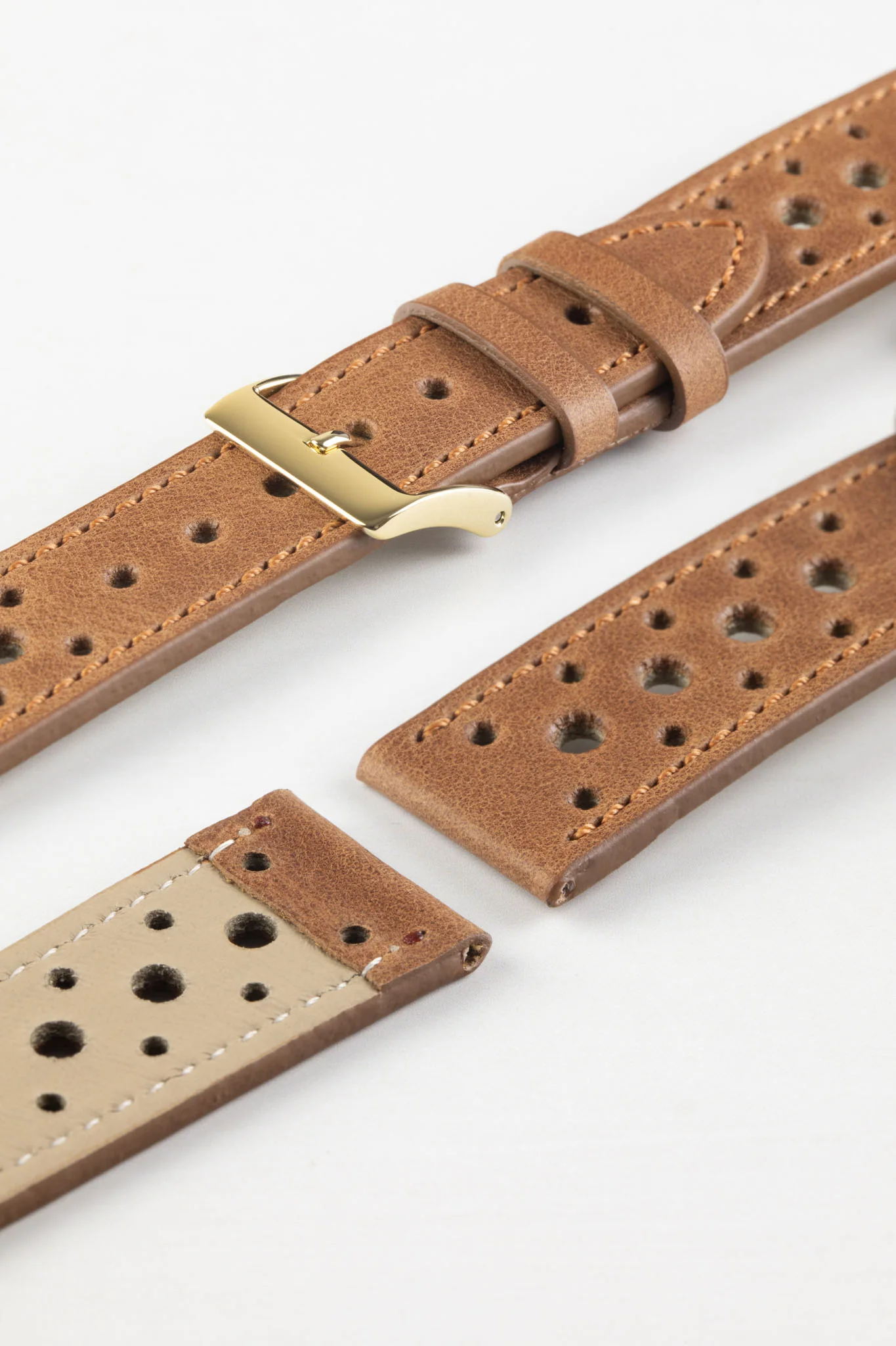 Pebro RACING Perforated Leather Watch Strap in MID BROWN - Image 5