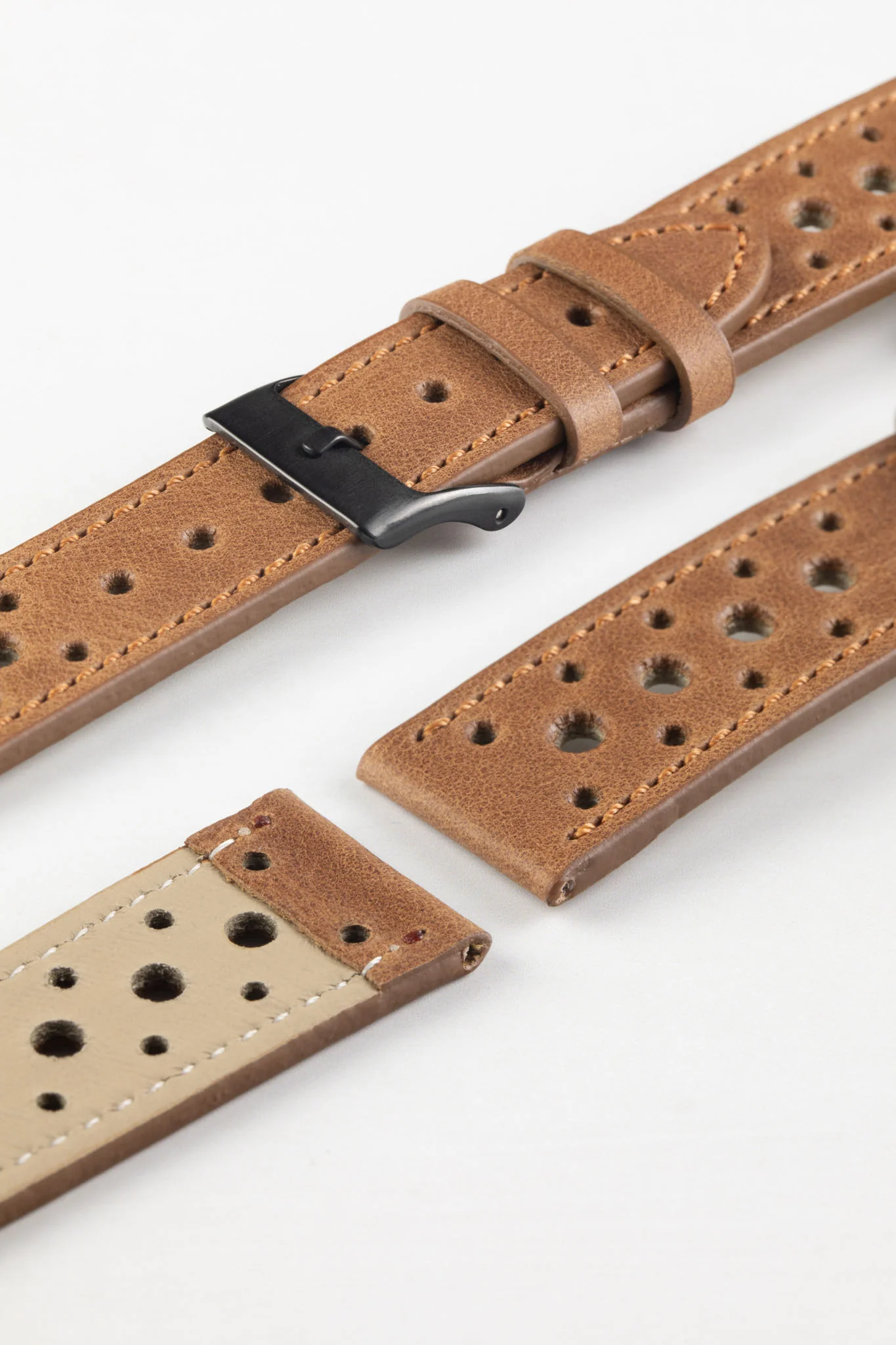 Pebro RACING Perforated Leather Watch Strap in MID BROWN - Image 6