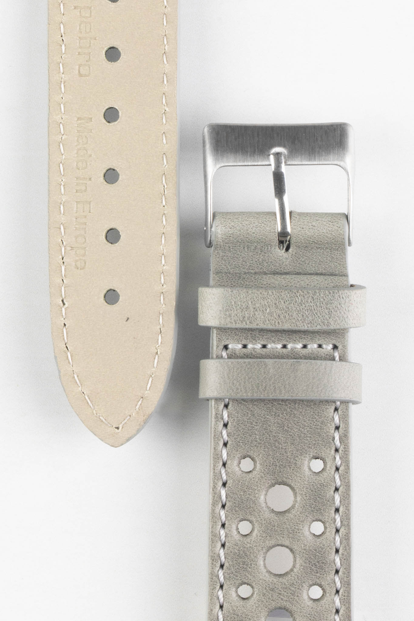 Pebro RACING Perforated Leather Watch Strap in PEBBLE GREY - Image 2