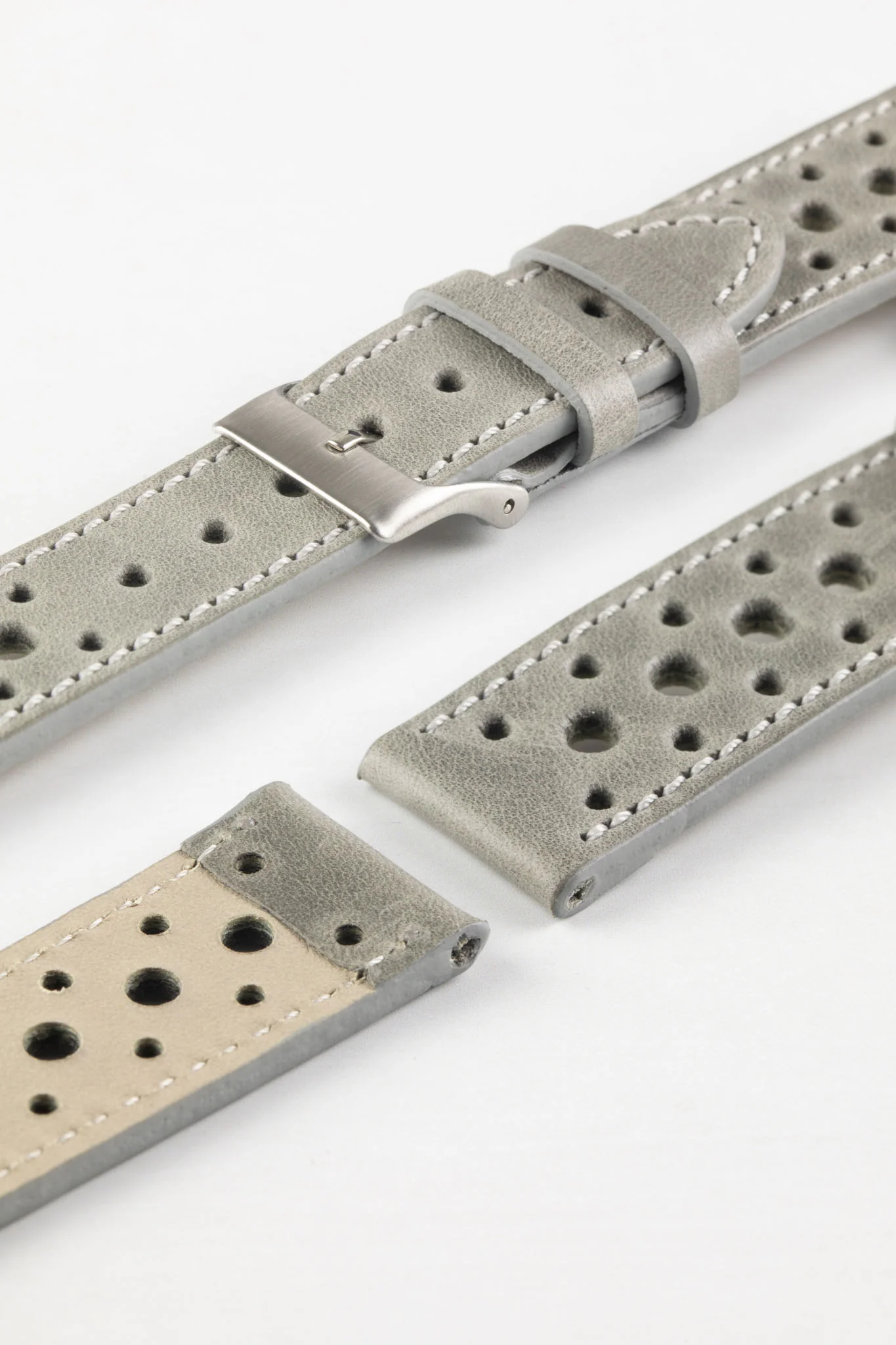 Pebro RACING Perforated Leather Watch Strap in PEBBLE GREY - Image 4