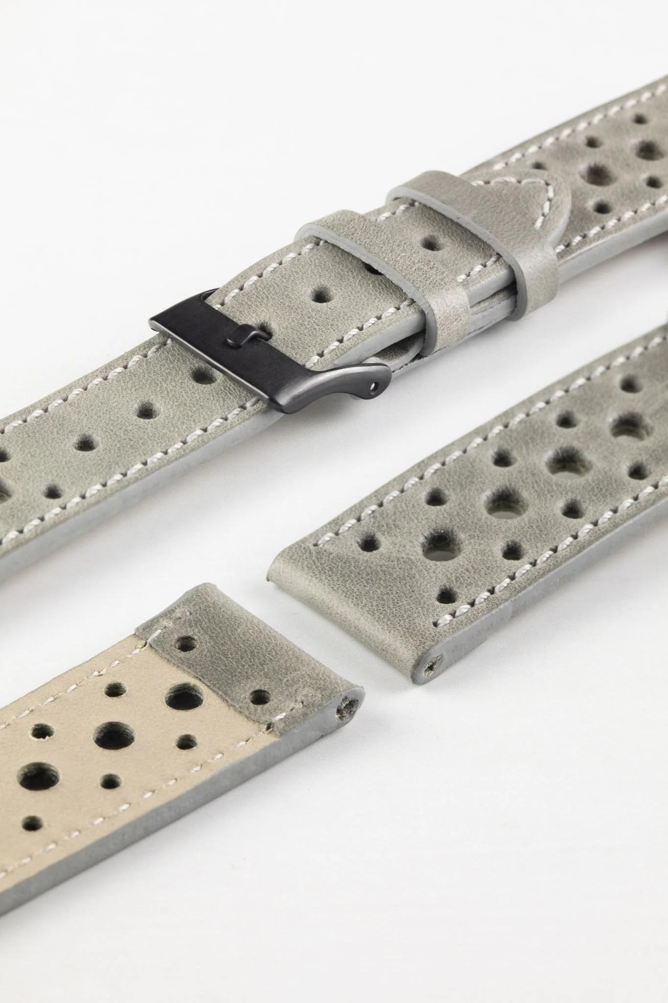 Pebro RACING Perforated Leather Watch Strap in PEBBLE GREY - Image 6