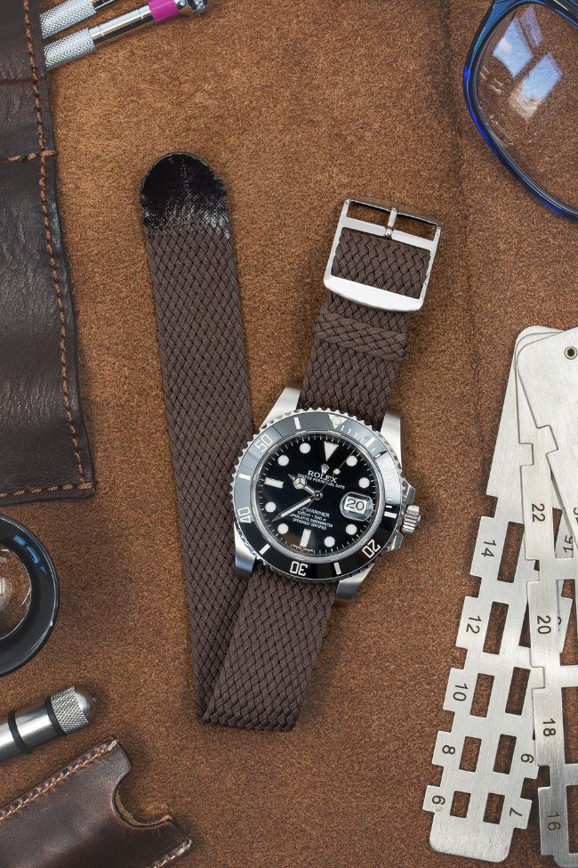 PERLON Braided One Piece Watch Strap & Buckle in BROWN - Image 2