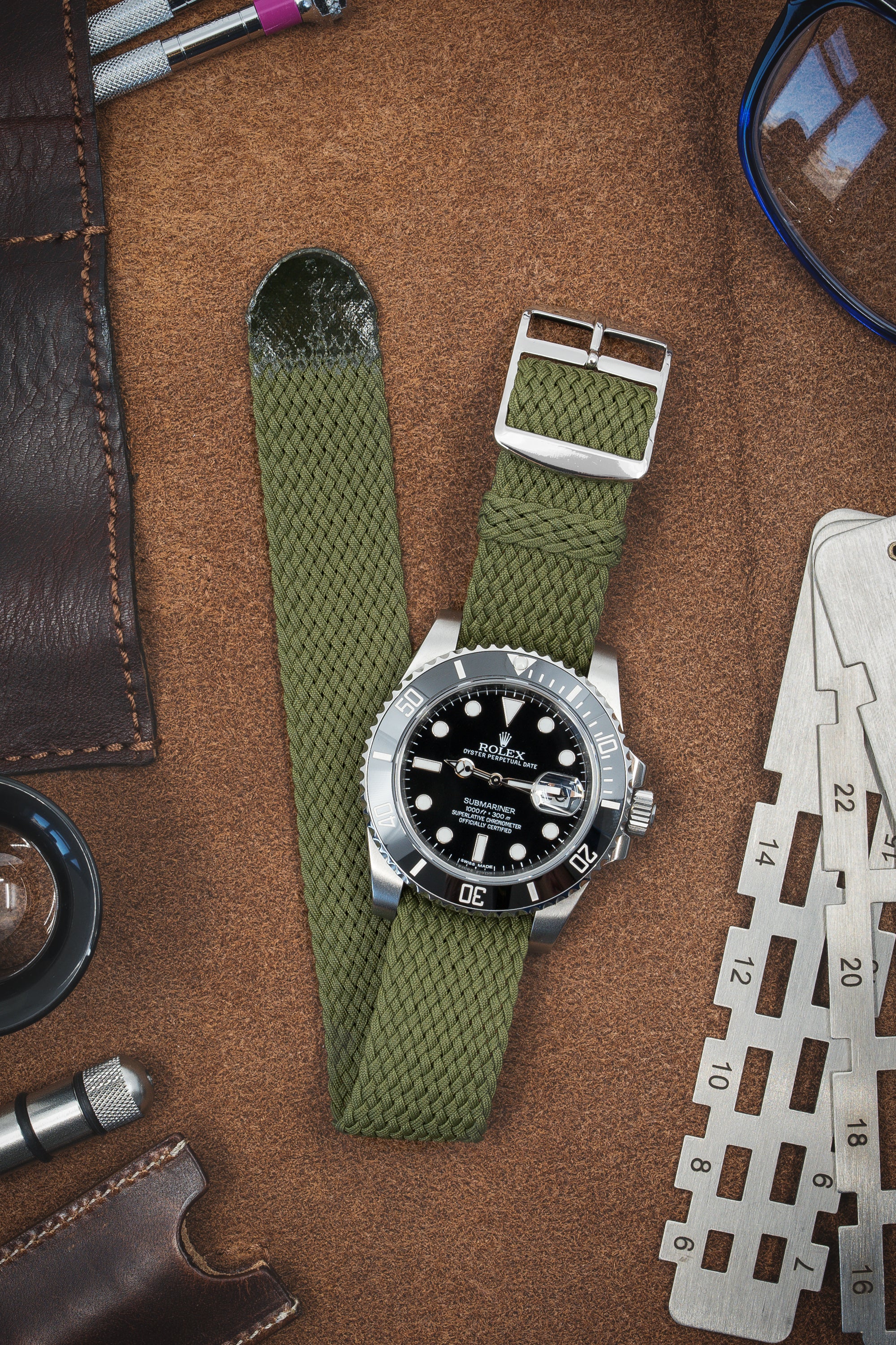 PERLON Braided One Piece Watch Strap & Buckle in MILITARY GREEN - Image 2