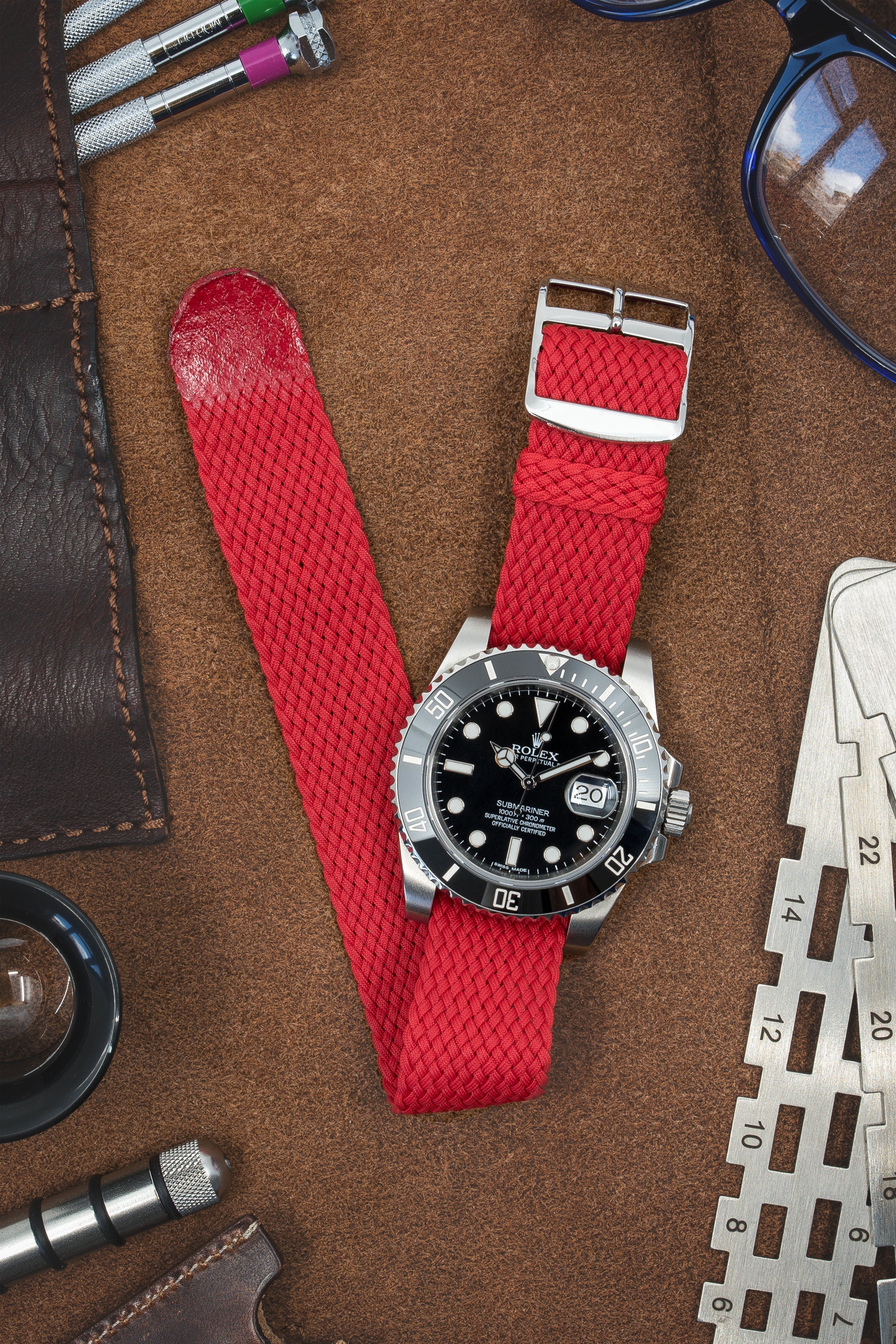PERLON Braided One Piece Watch Strap & Buckle in RED - Image 2