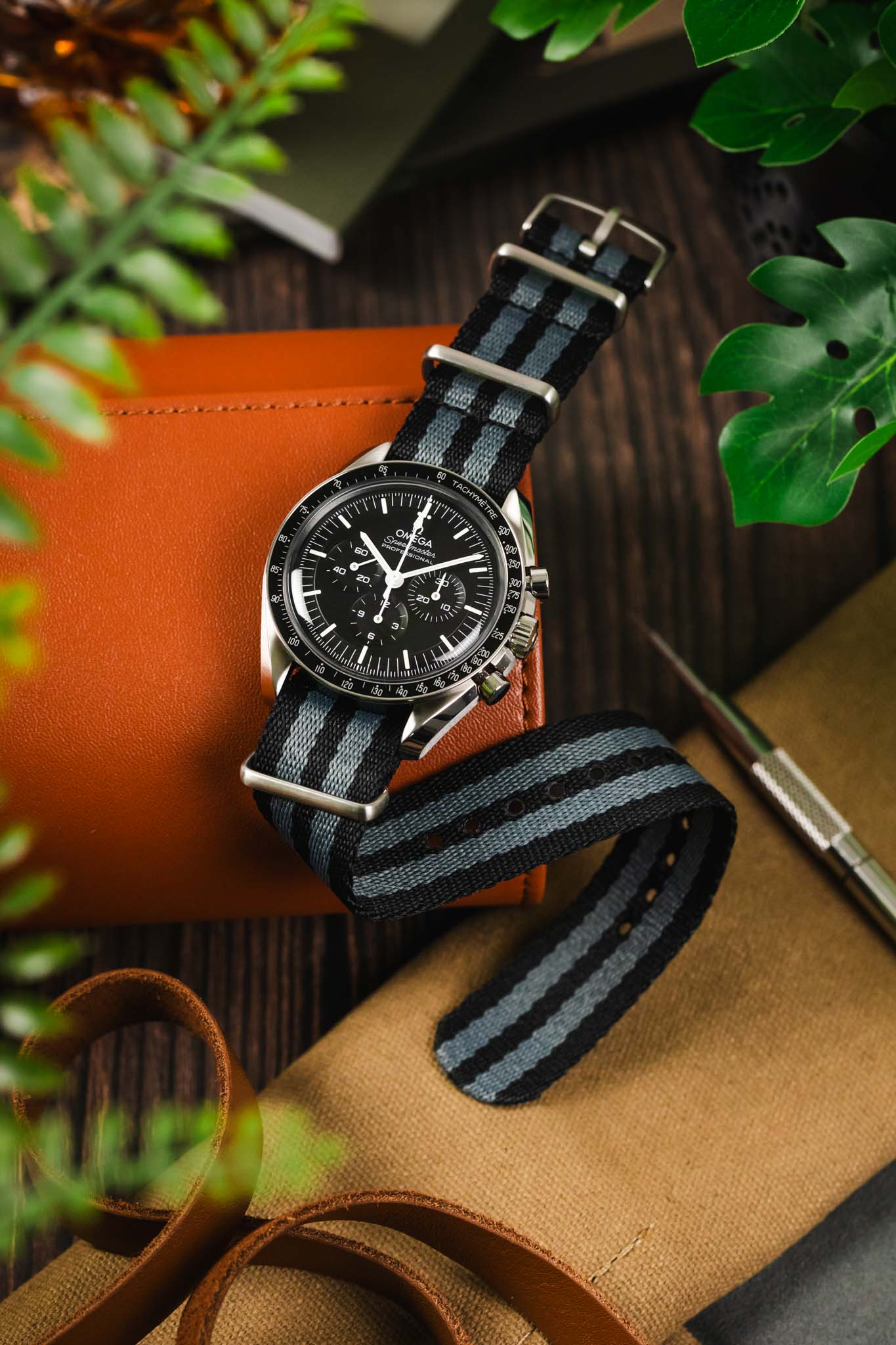 Premium Nylon Watch Strap in BLACK & GREY with Brushed Hardware - Image 4