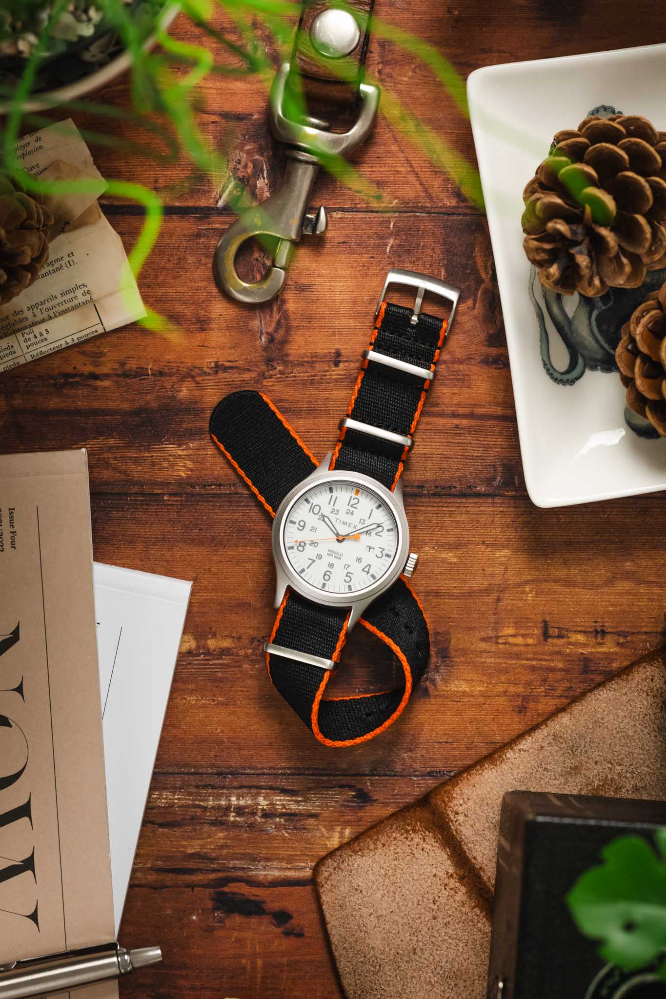 Premium Nylon Watch Strap in Black with Orange Edges - Image 5
