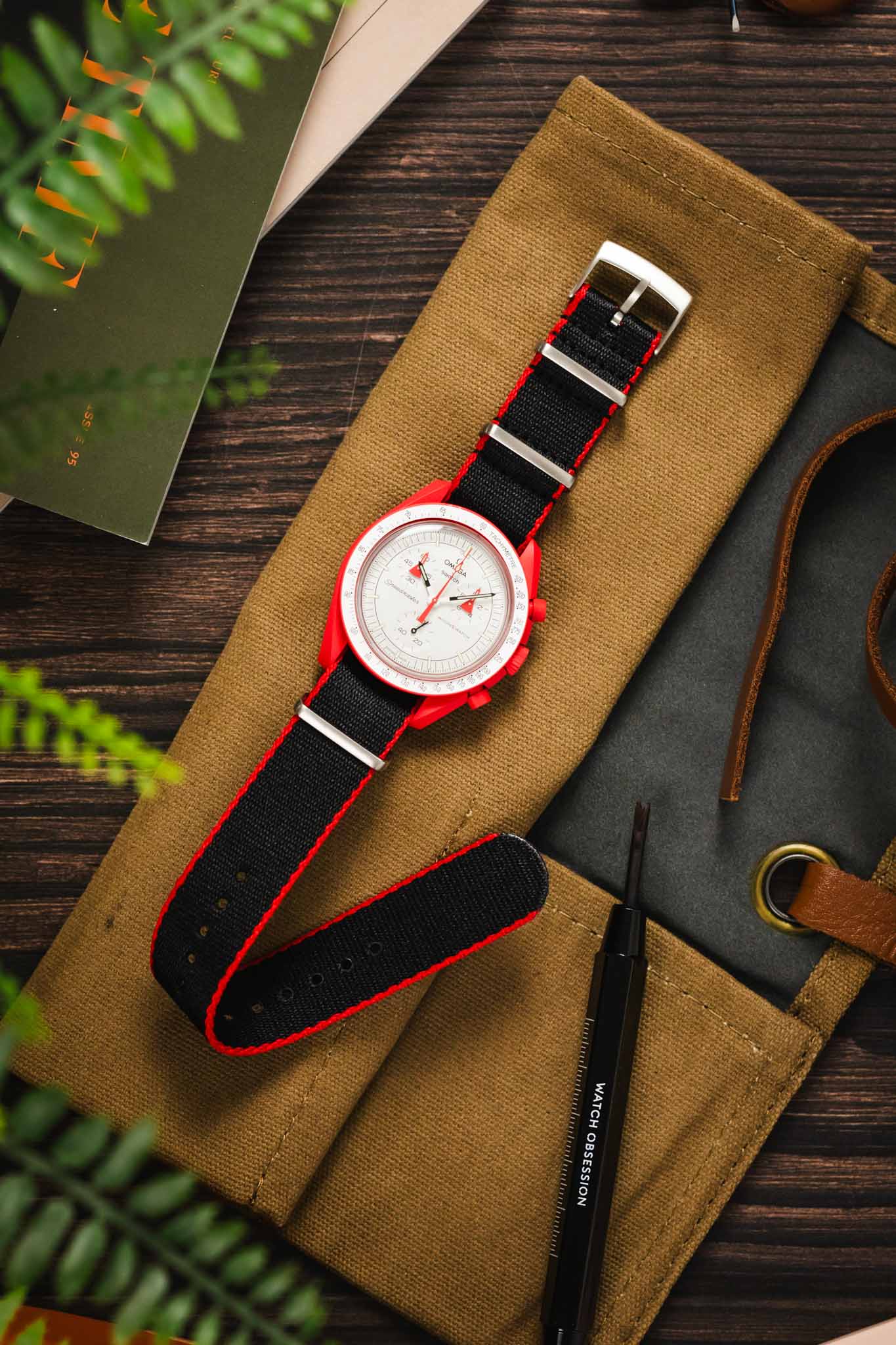 Premium Nylon Watch Strap in Black with Red Edges - Image 7