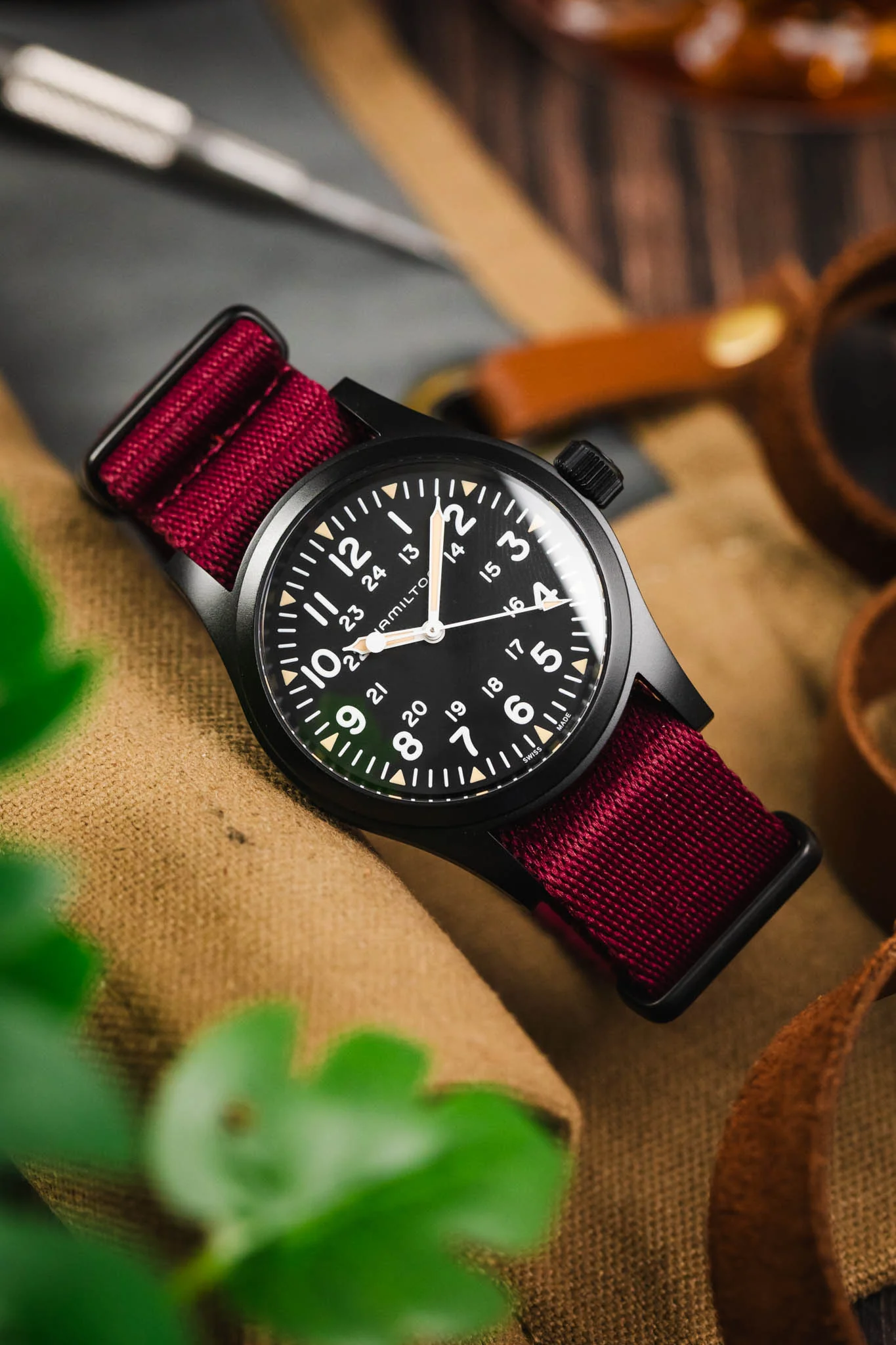 Premium Nylon Watch Strap in BURGUNDY with Black PVD Hardware - Image 4