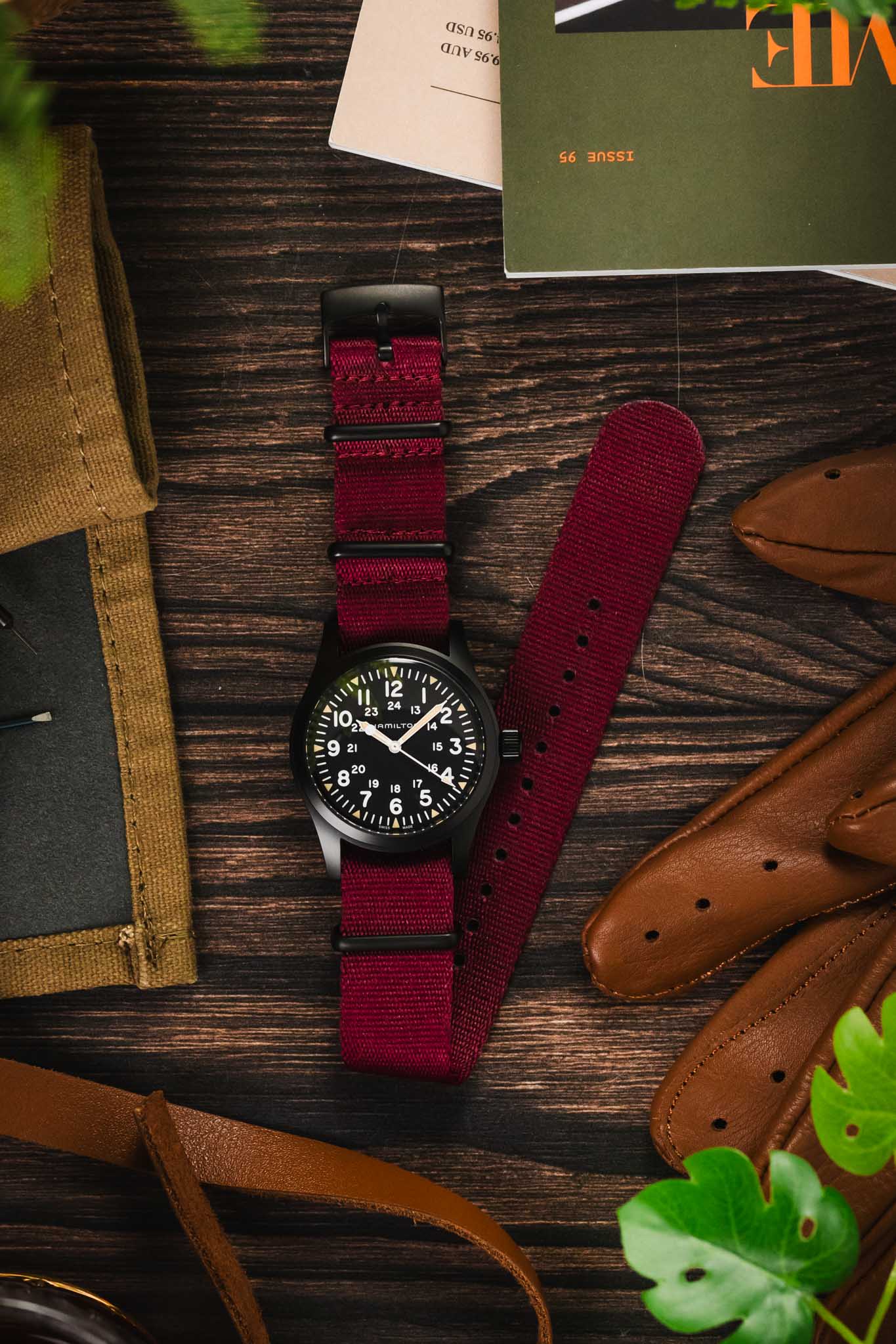 Premium Nylon Watch Strap in BURGUNDY with Black PVD Hardware - Image 6