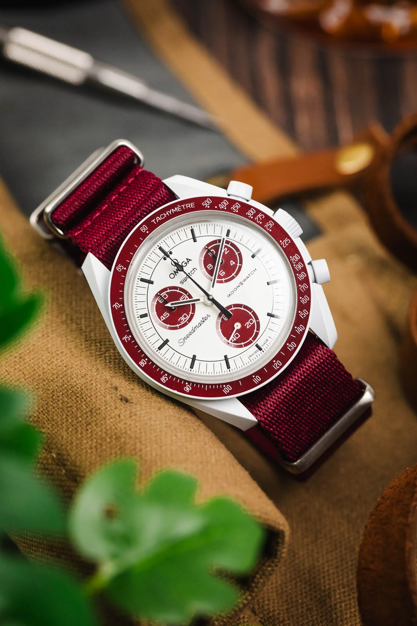Premium Nylon Watch Strap in BURGUNDY with Brushed Hardware - Image 4