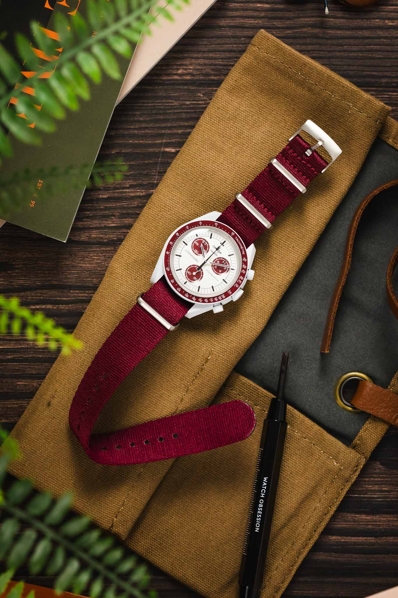 Premium Nylon Watch Strap in BURGUNDY with Brushed Hardware - Image 6