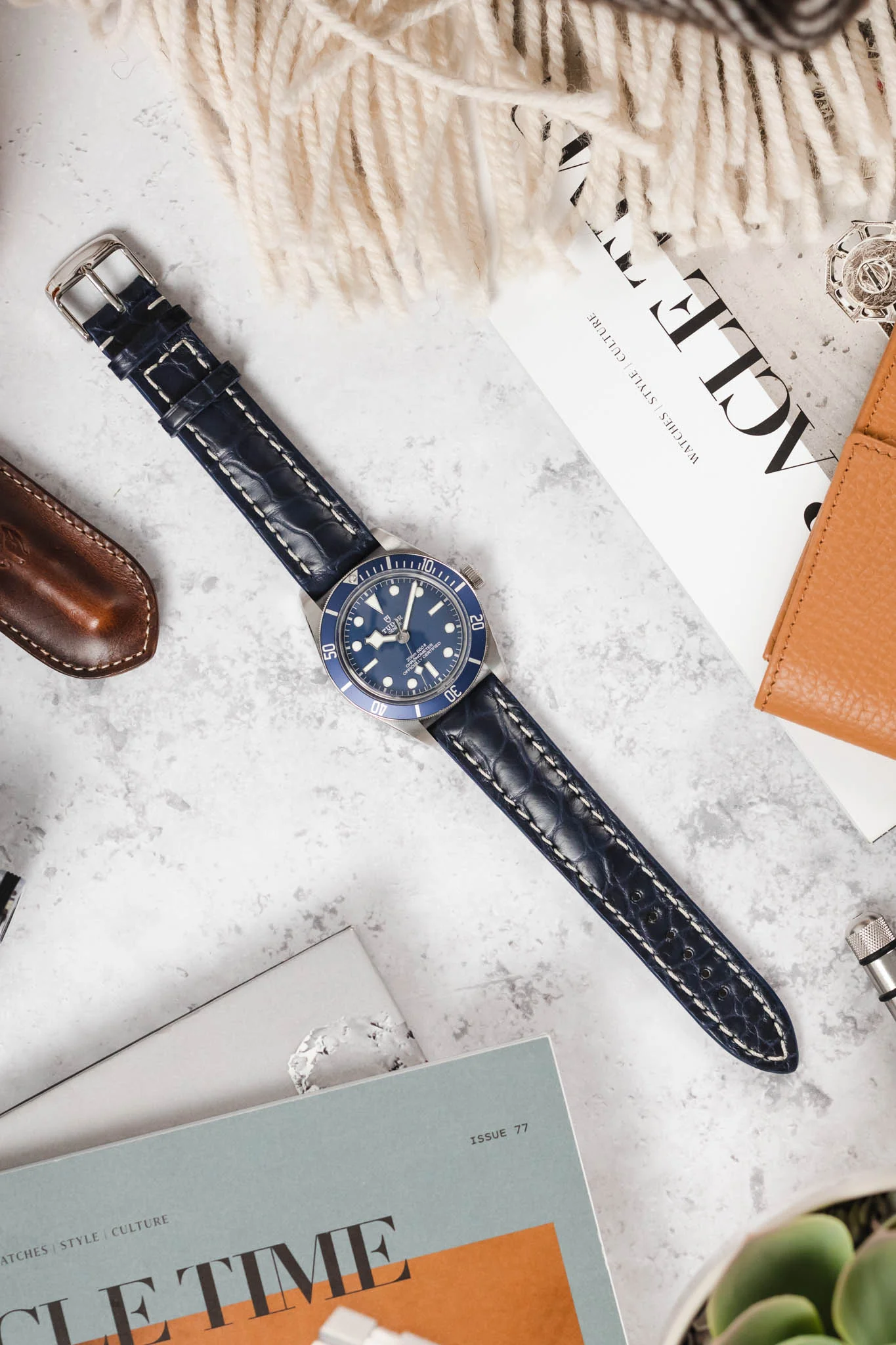 RIOS1931 AMBASSADOR Genuine Alligator Flank Padded Watch Strap in OCEAN BLUE - Image 9